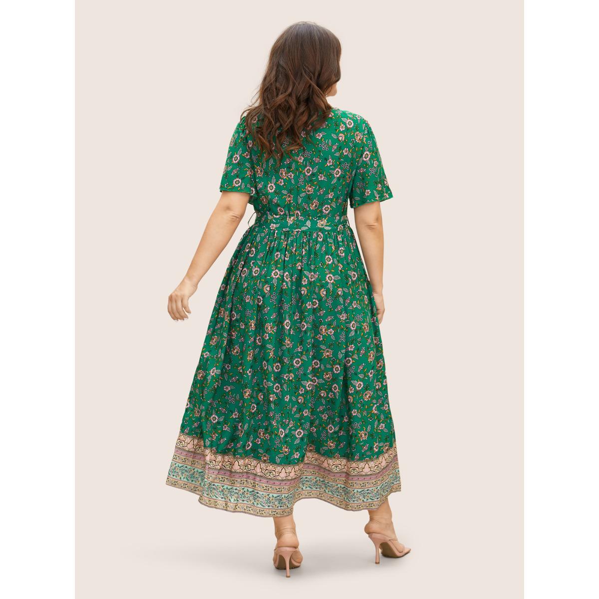 Plus Size Bandana Surplice Neck Pocket Belted Flutter Hem Maxi Dress Emerald Women Resort Non V-neck Short sleeve Curvy Long Dress BloomChic 22-24/3X Product Image