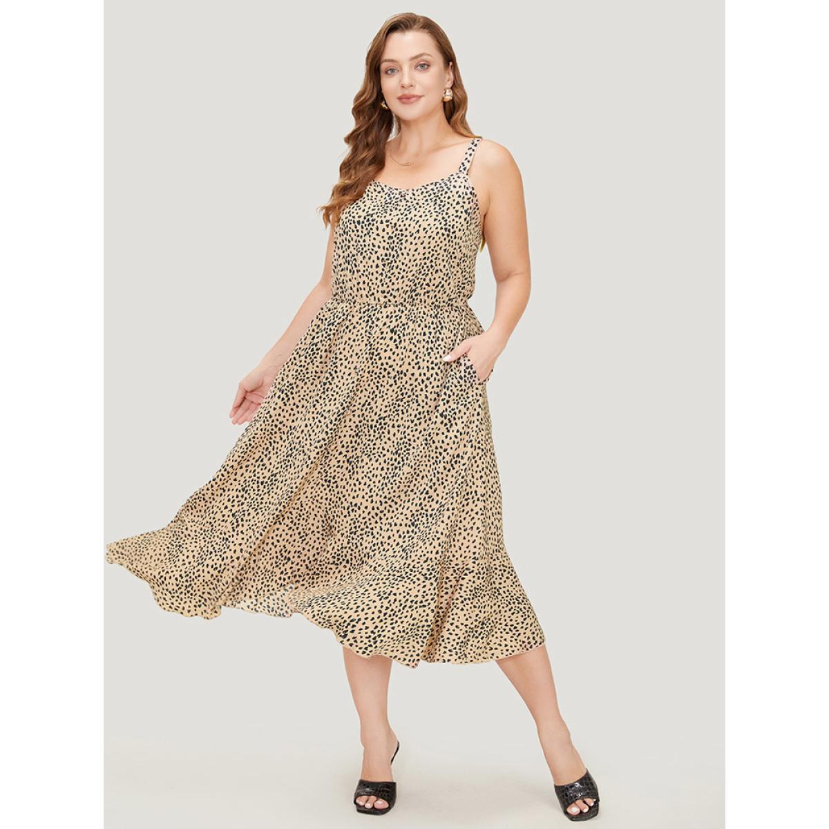 Plus Size Leopard Print Flutter Hem Pocket Adjustable Straps Cami Dress Multicolor Women Elegant Adjustable Straps V-neck Sleeveless Curvy Midi Dress BloomChic 28/5X Product Image