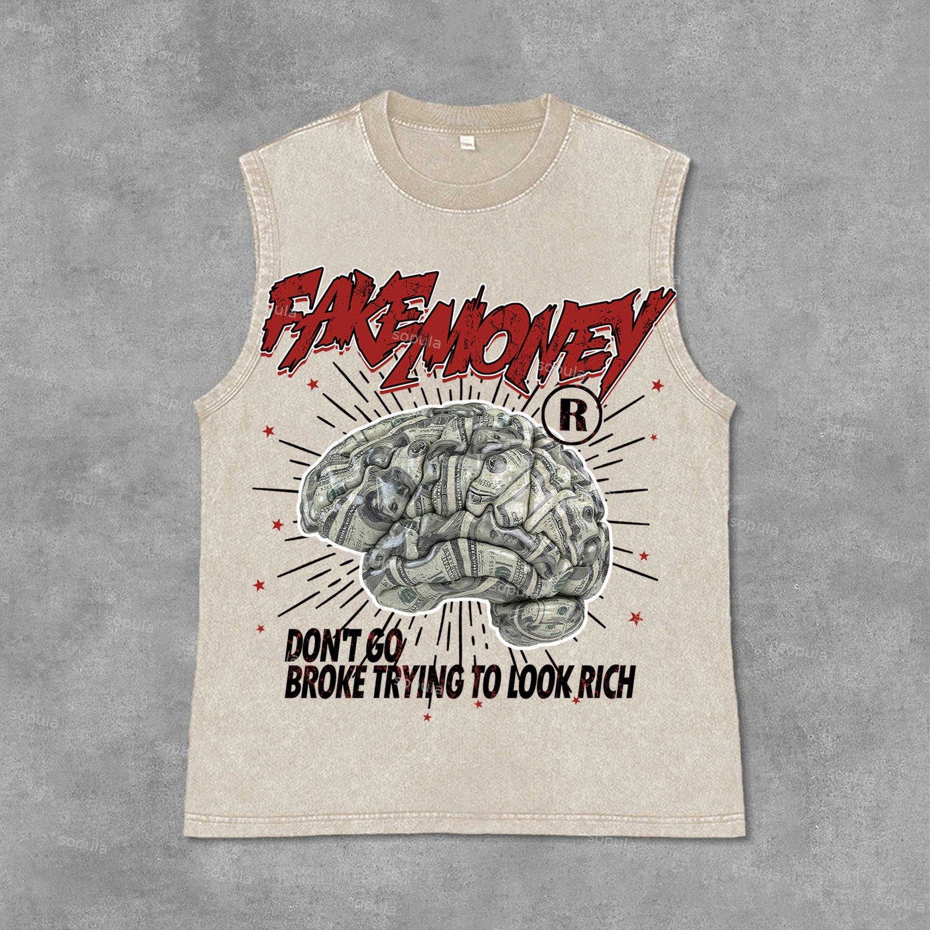 Sopula Don't Go Broke Trying To Look Rich Graphic Print Acid Washed Sleeveless Tank Top Product Image