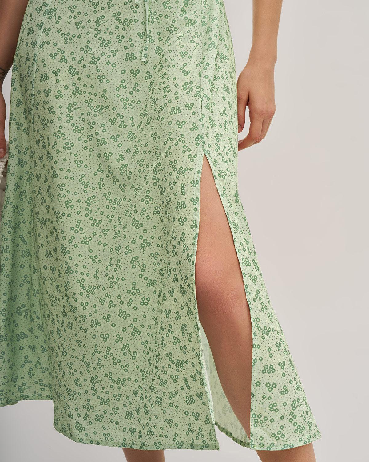 Green Floral Square Neck Puffed Sleeve Midi Dress Product Image