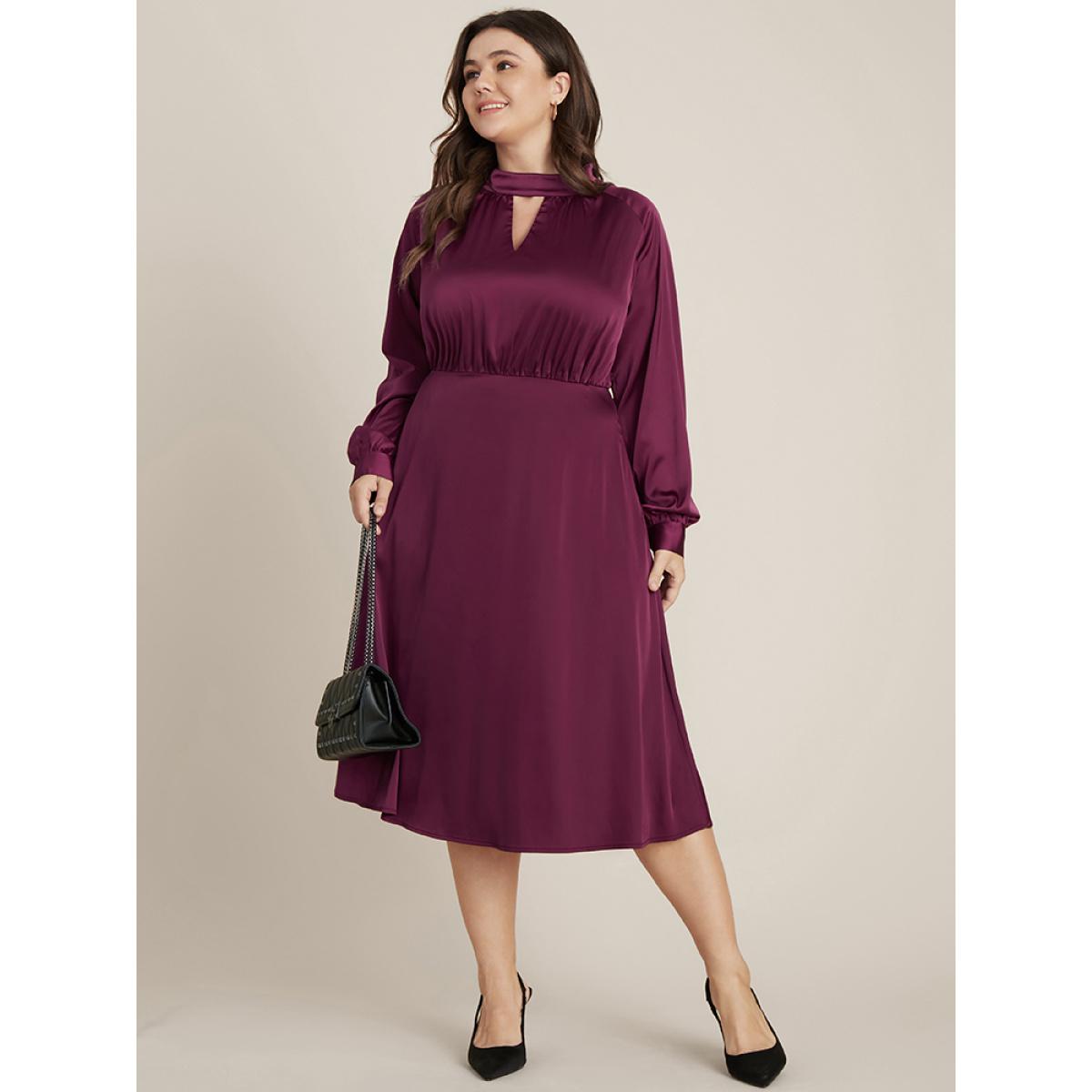 Plus Size Solid Pocket Keyhole Mock Neck Satin Midi Dress RedViolet Women Party Pocket Mock Neck Long Sleeve Curvy Midi Dress BloomChic 10/M Product Image