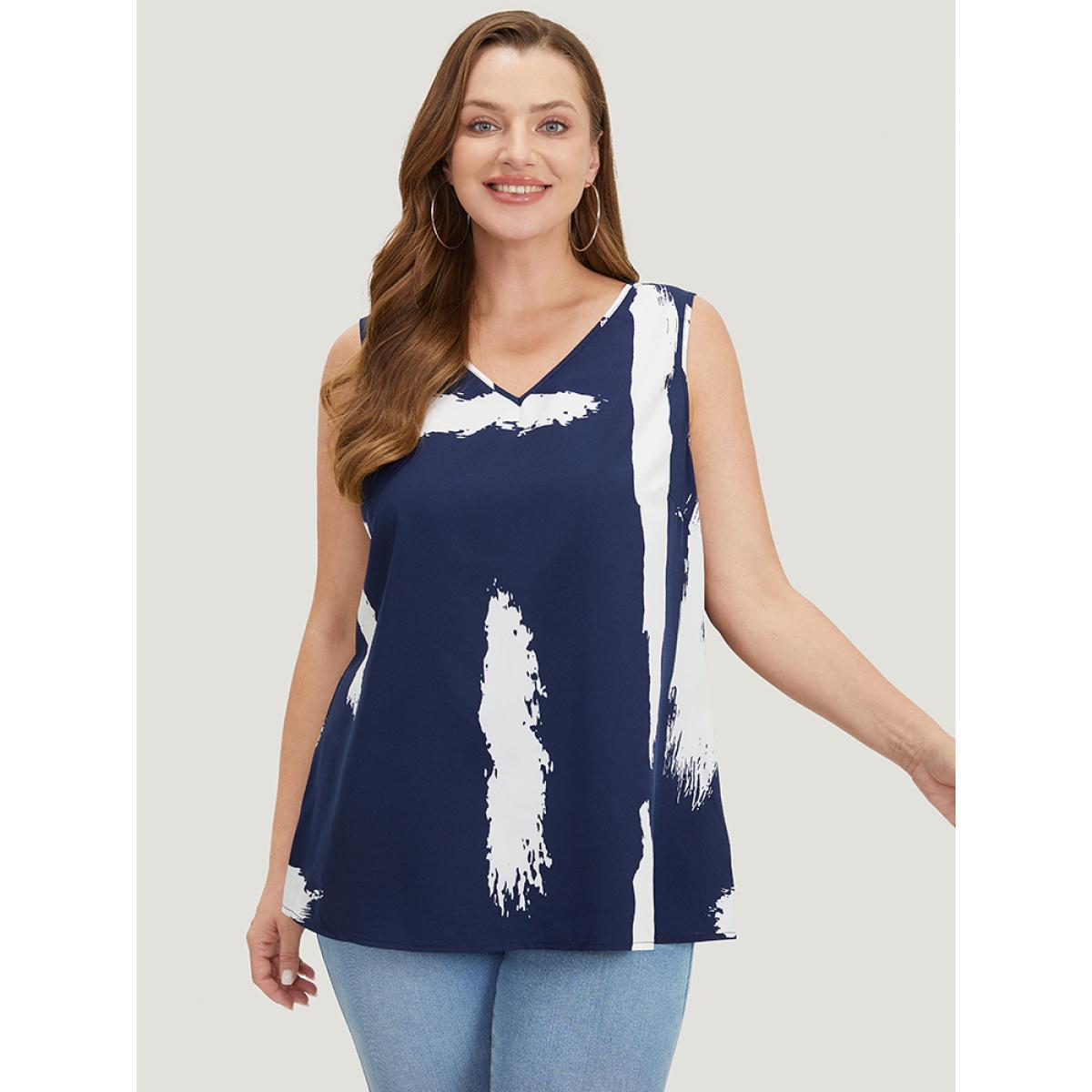 Plus Size Brush Print V Neck Tank Top Women Navy Casual V-neck Dailywear Tank Tops Camis BloomChic 10/M Product Image
