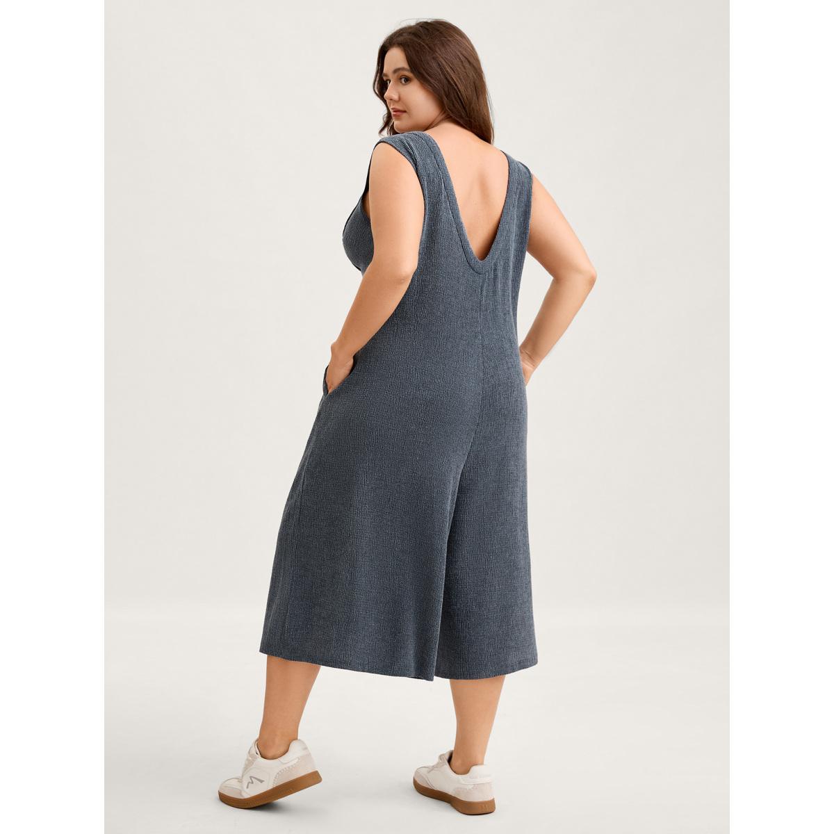 Plus Size Stone Stretchy Textured Pleated Wide-Leg Jumpsuit Women Sleeveless V-neck Casual Loose Jumpsuits BloomChic 22-24/3X Product Image