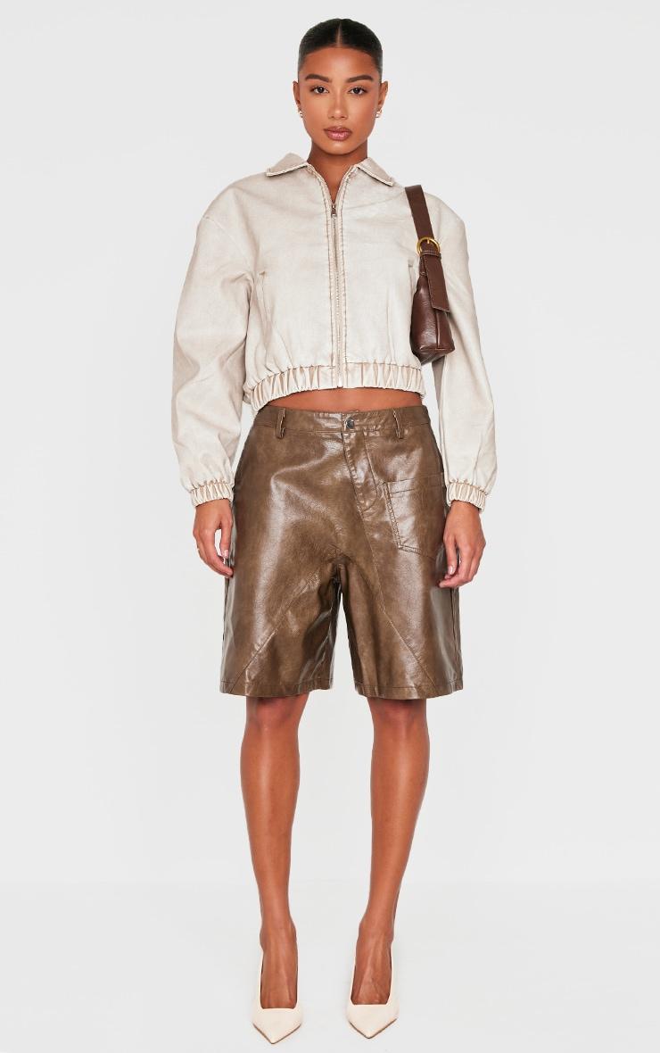 Premium Brown Washed Faux Leather Oversized Long Shorts Product Image