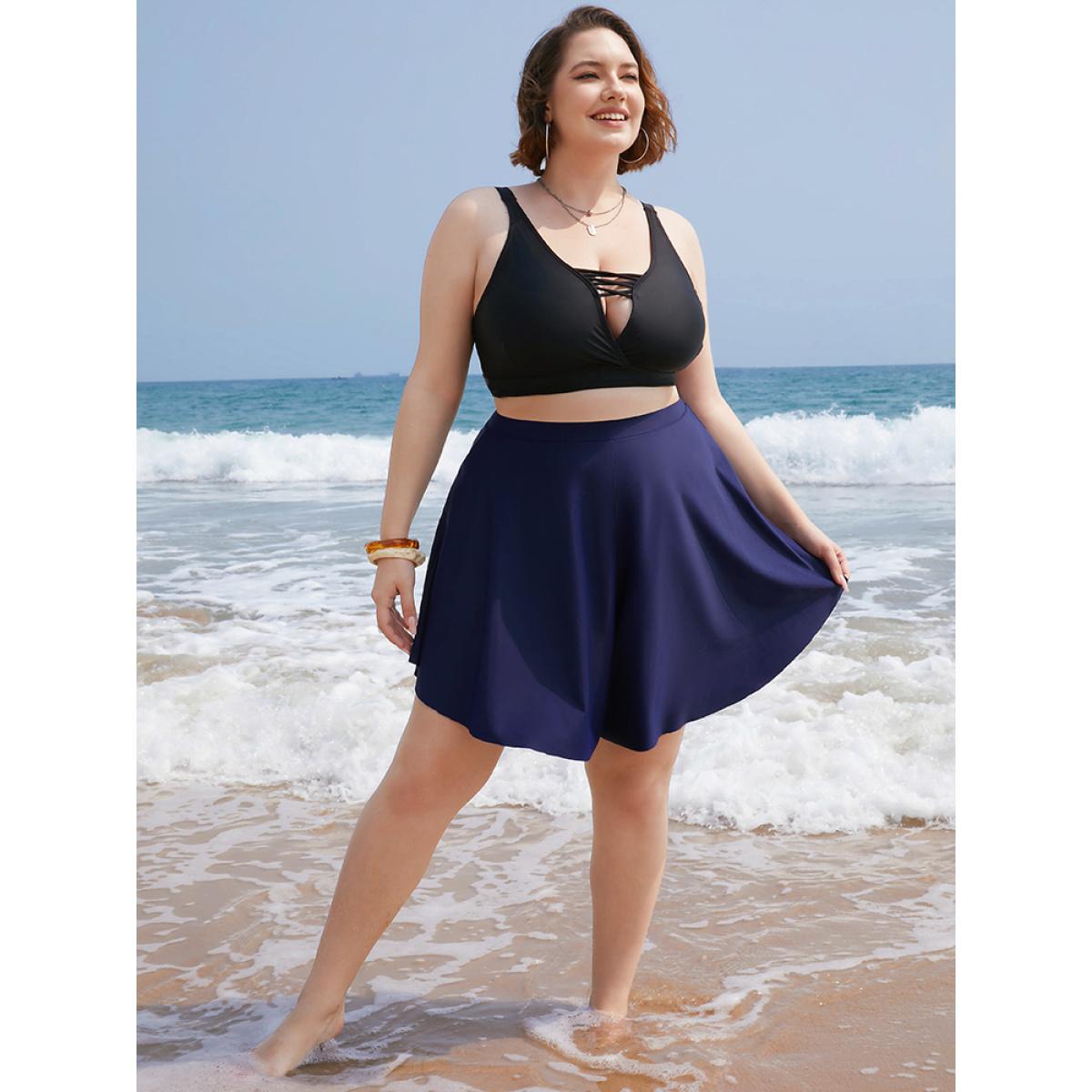 Plus Size Plain Loose High Waist Swim Shorts Women's Swimwear Indigo Vacation Plain High stretch High Rise Curve Swim Bottoms BloomChic 28/5X Product Image