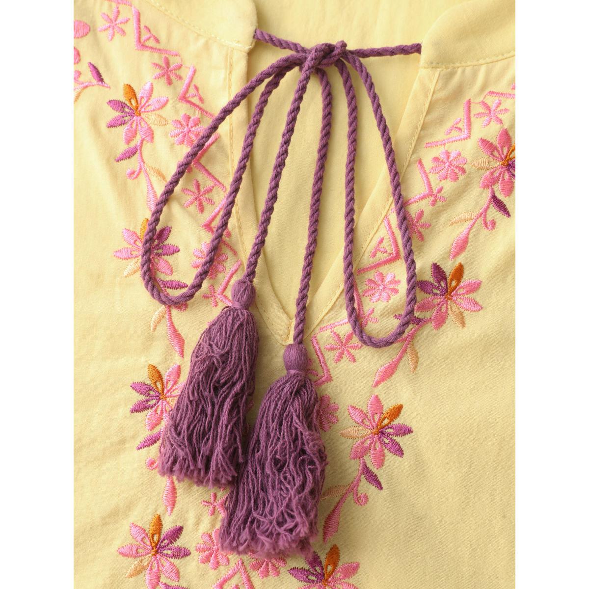 Plus Size Lightyellow Floral Embroidery Neck Tie Blouse Women Boho Extra Long Sleeve Flat collar with V-notch Vacation Blouses BloomChic 18-20/2X Product Image