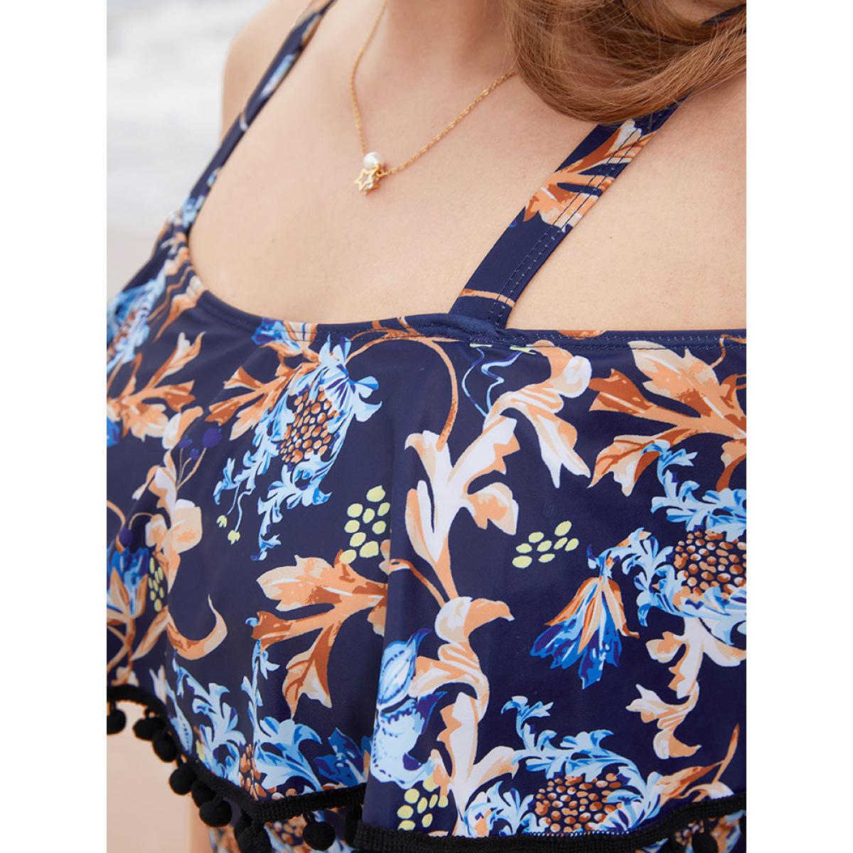 Plus Size Floral Pompom Trim Cold Shoulder One Piece Swimsuit Women's Swimwear Indigo Vacation Adjustable Straps Curve Bathing Suits High stretch One Pieces BloomChic 30/6X Product Image