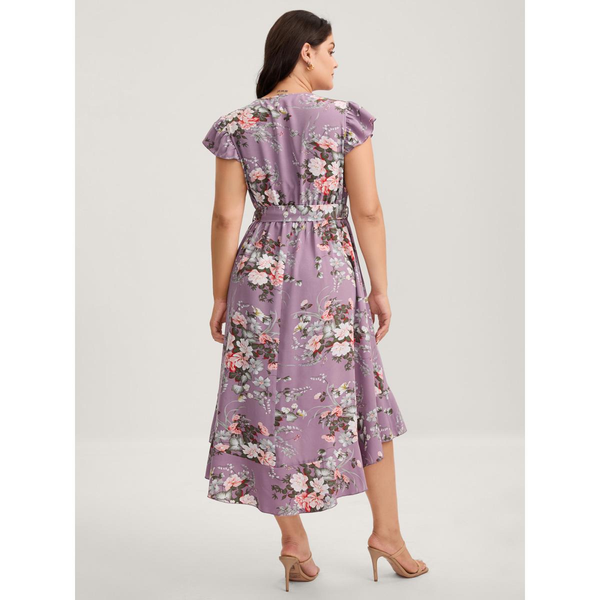 Plus Size Midnight Blooms Wrap A-Line Midi Dress Mauve Women Romantic Overlap Collar Cap Sleeve Curvy BloomChic 22-24/3X Product Image