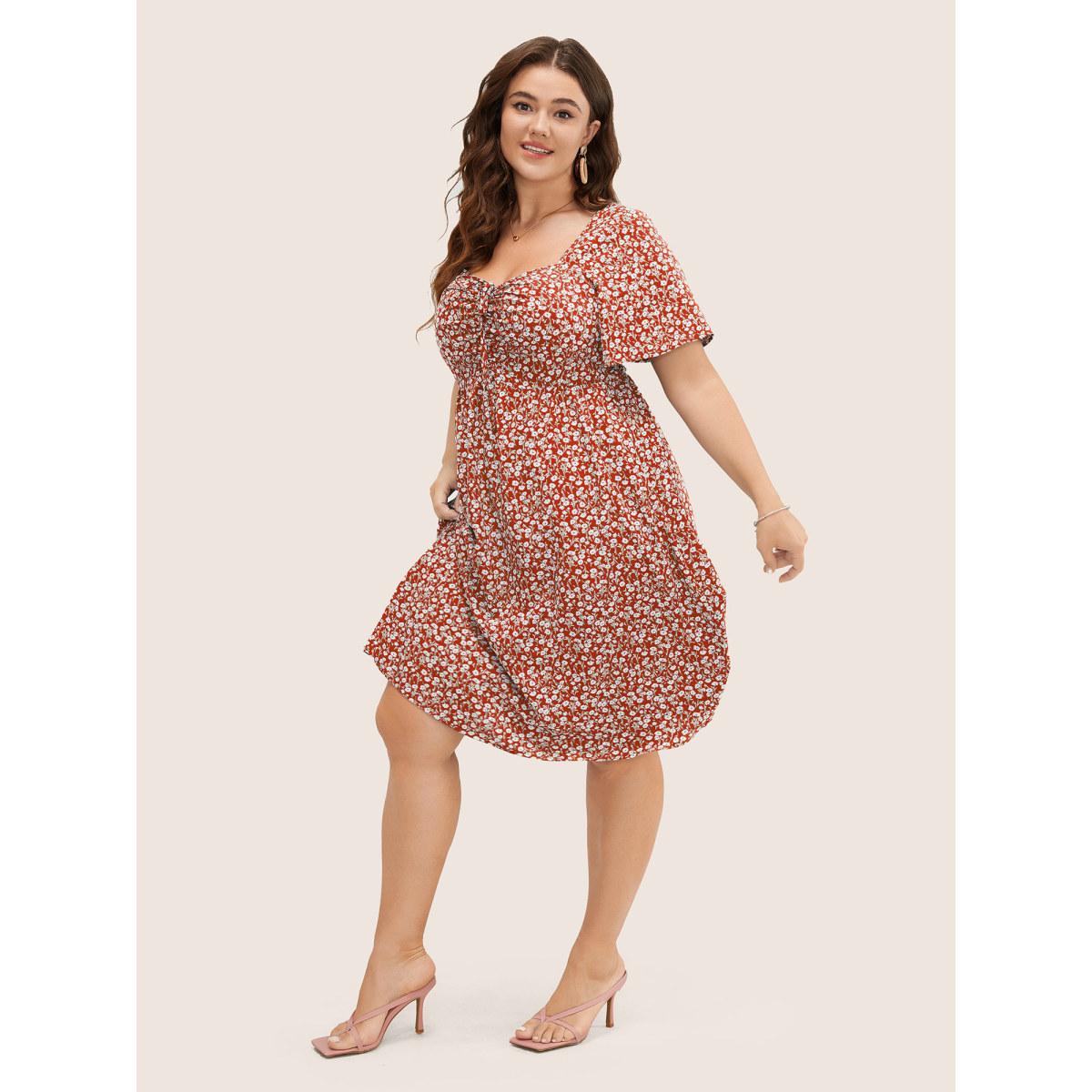Plus Size Ditsy Floral Ruched Pocket Flutter Drawstring Knee Dress Crimson Women Elegant Non V-neck Short sleeve Curvy Knee Dress BloomChic 14-16/1X Product Image