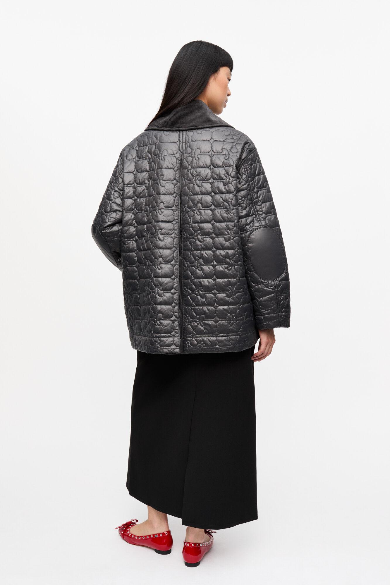 Black Shiny Quilt Midi Jacket Product Image