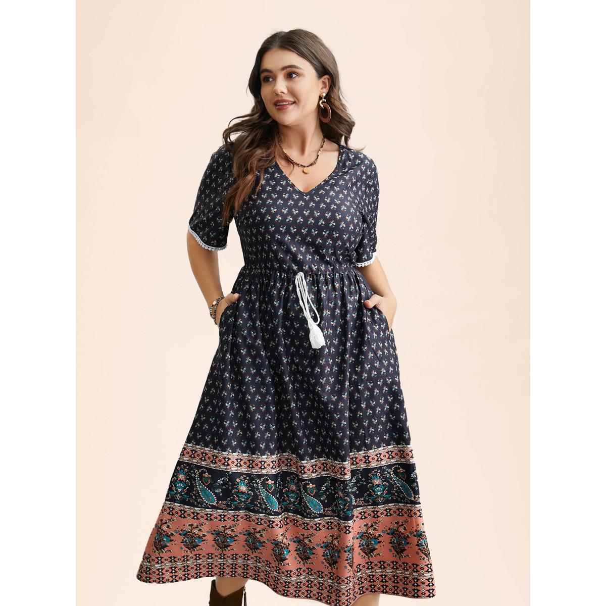 Plus Size Boho Print Tassel-Tie Pockets Midi Dress DarkBlue Women Resort Woven ribbon&lace trim V-neck Short sleeve Curvy BloomChic 18-20/2X Product Image