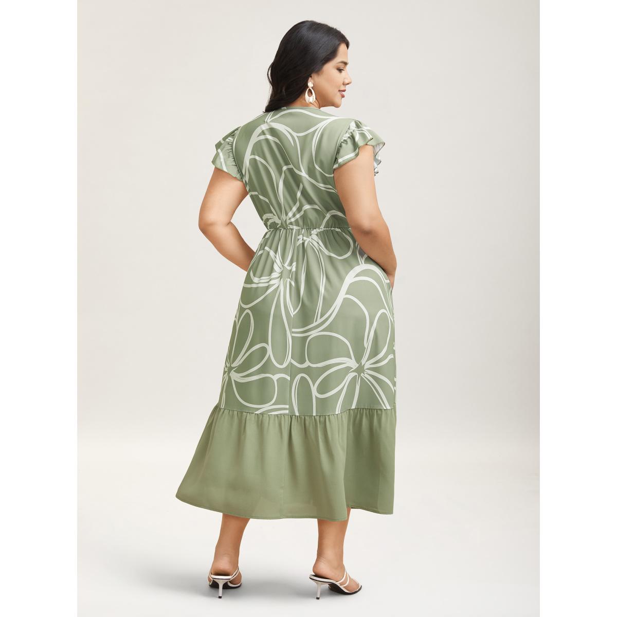 Plus Size Abstract Floral Print Ruffled Sleeve Maxi Dress Sage Women Elegant Ruffles Overlap Collar Cap Sleeve Curvy BloomChic 22-24/3X Product Image