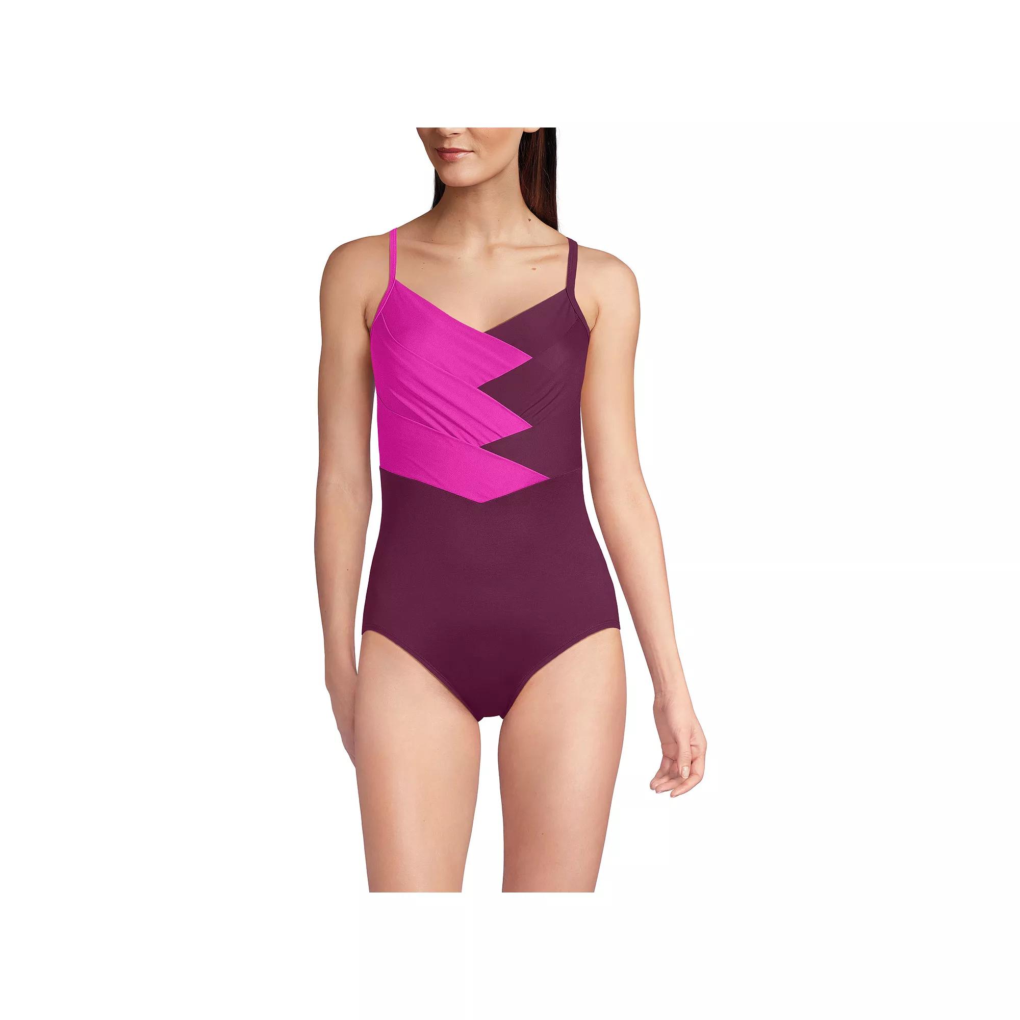 Women's Lands' End Slendertex V-Neck Pleated Crossback One-Piece Swimsuit,  Product Image