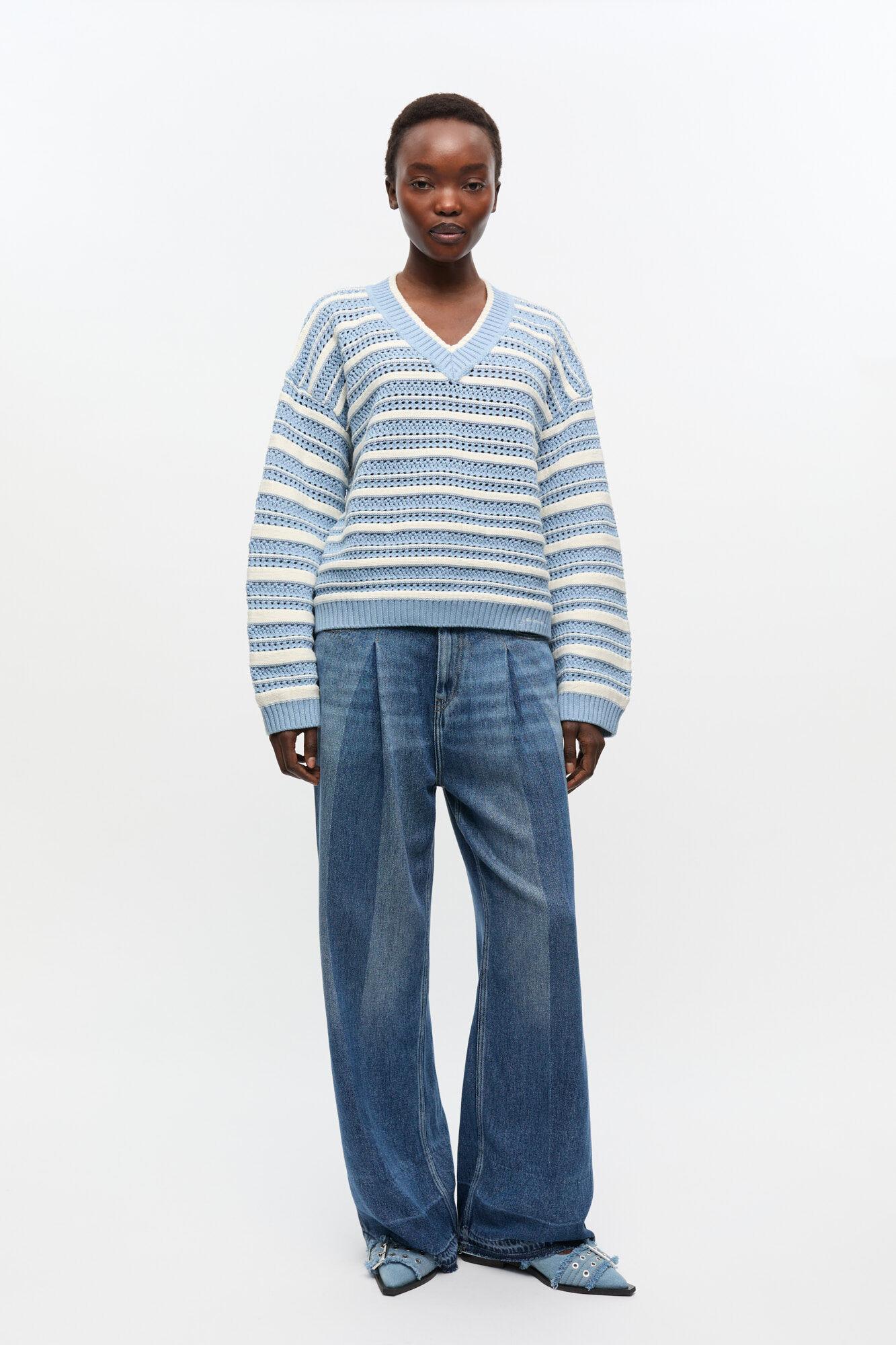 Blue Striped Cotton V-neck Sweater Product Image