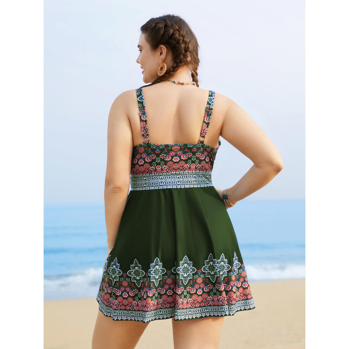 Plus Size Boho Print Surplice Neck Adjustable Swim Dress Women's Swimwear ArmyGreen Beach Bodycon Overlap Collar High stretch Curve Swim Dresses BloomChic 22-24/3X Product Image