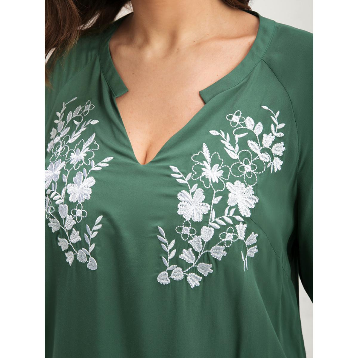 Plus Size Green Floral Embroidered Puff Sleeve V Neck Blouse Women Elegant Half Sleeve V-neck Dailywear Blouses BloomChic 10/M Product Image