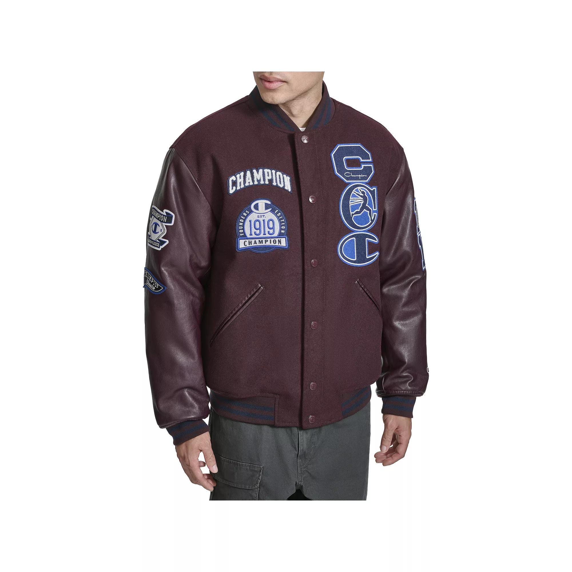 Men's Champion® Letterman Varsity Bomber Jacket with Patches, Size: XL, Red Product Image