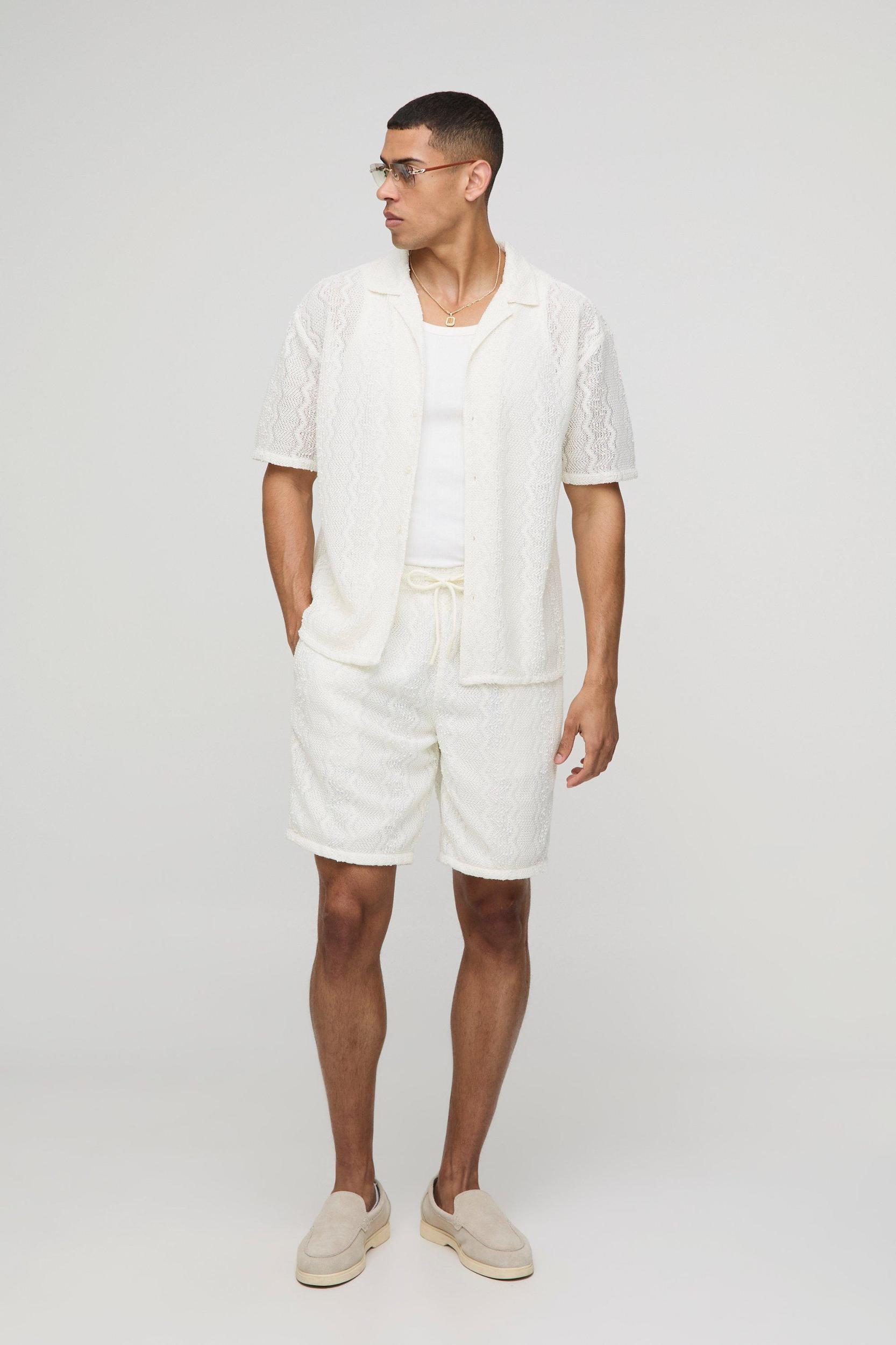 Oversized Drop Revere Open Weave Shirt & Short Set | boohooMAN USA Product Image