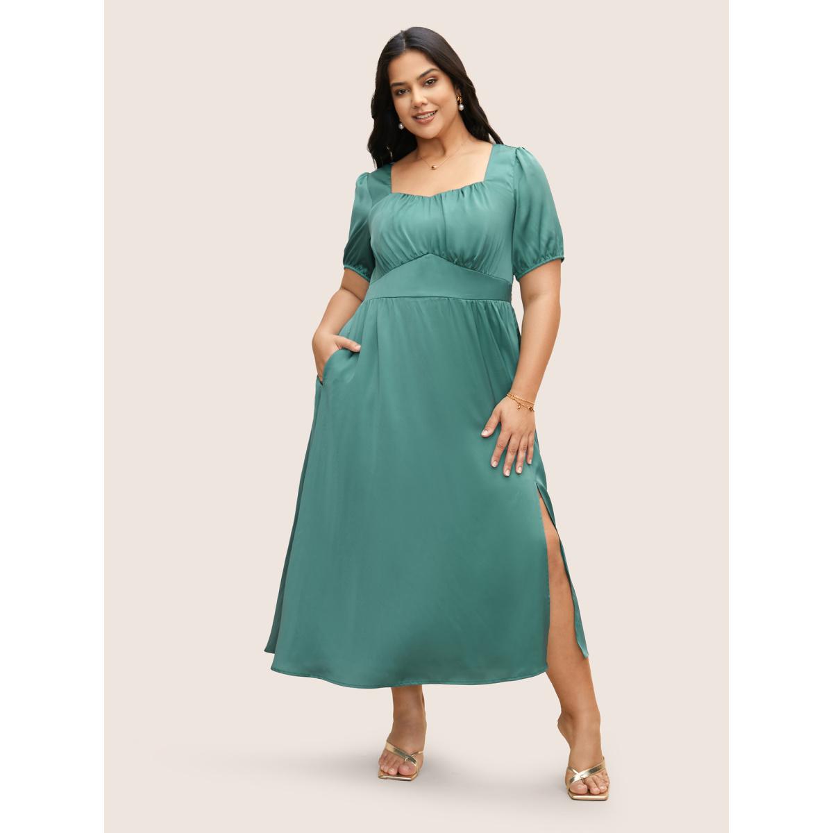 Plus Size Heart Neckline Shirred Gathered Maxi Dress Palemauve Women Elegant Gathered Heart neckline Short sleeve Curvy BloomChic 14-16/1X Product Image