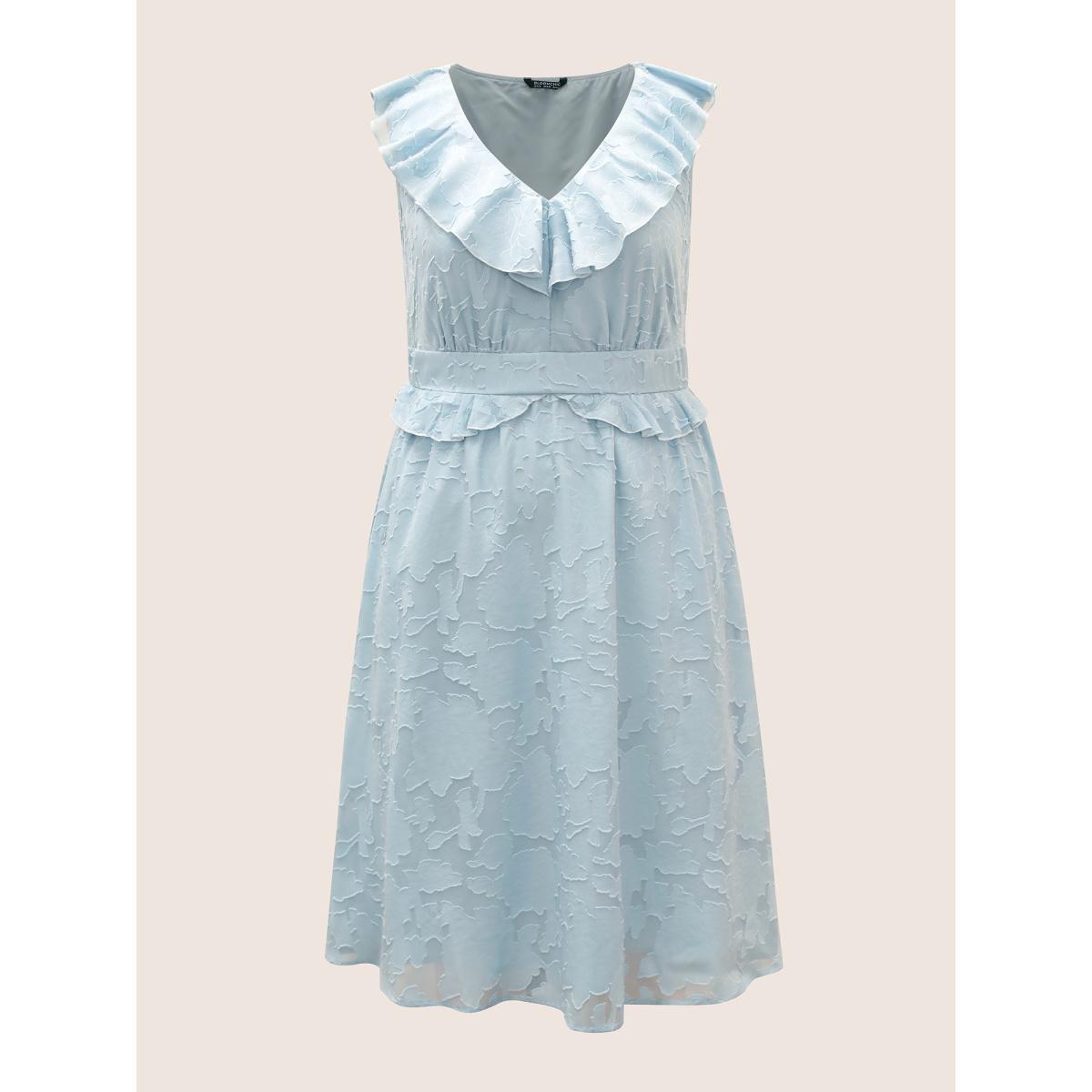 Plus Size Plisse Ruffle Trim Gathered Sleeveless Dress LightBlue Women Elegant Texture V-neck Sleeveless Curvy BloomChic 26/4X Product Image