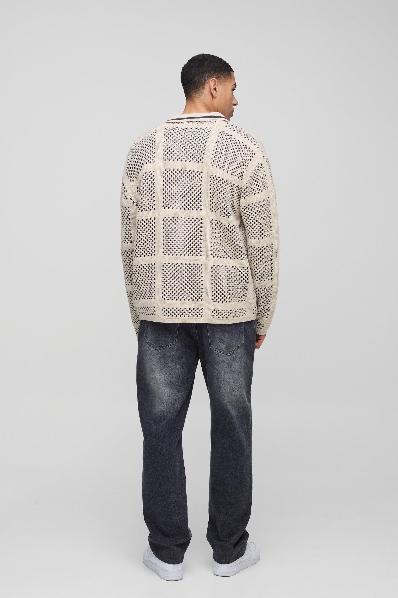 Oversized Crochet Look Rugby Knitted Polo | boohooMAN USA Product Image