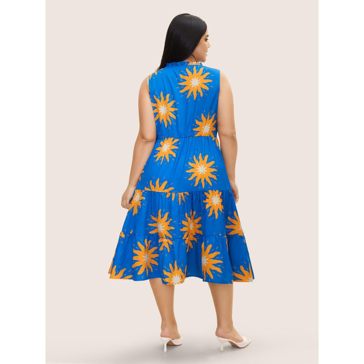 Plus Size Sun Print Tie Knot Ruffle Layered Hem Dress Skyblue Women Elegant Cross straps Round Neck Sleeveless Curvy BloomChic 18-20/2X Product Image