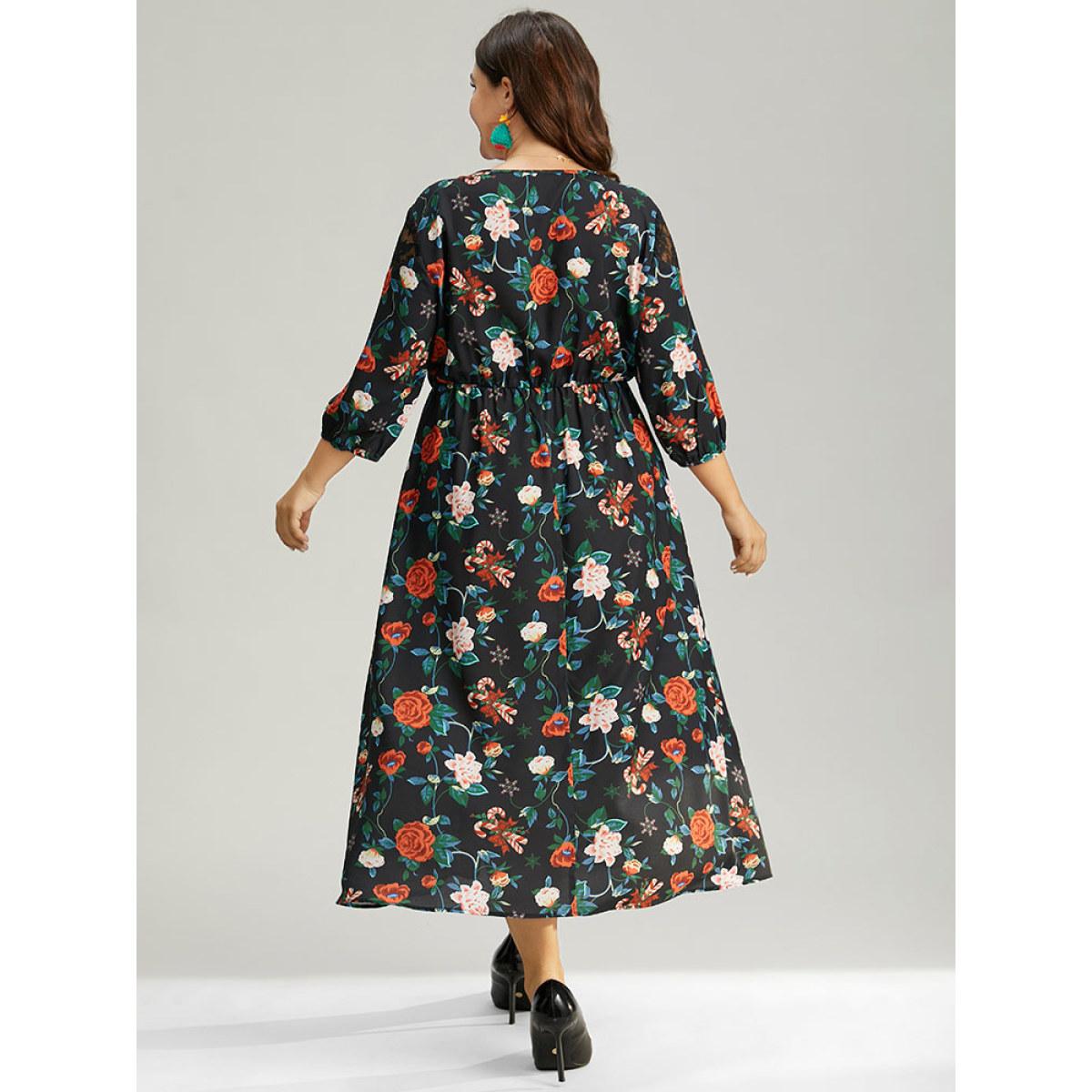 Plus Size Floral Crochet Lace Mesh Overlap Collar Dress Black Women Office Elastic cuffs Overlap Collar Elbow-length sleeve Curvy Midi Dress BloomChic 14-16/1X Product Image