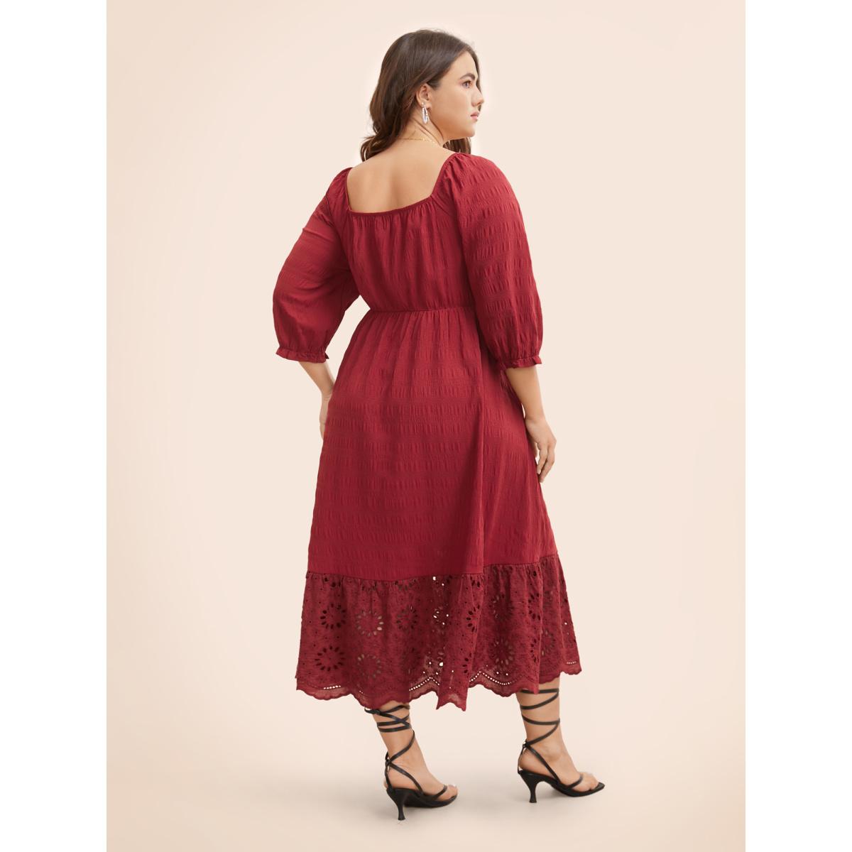 Plus Size Square Neck Broderie Anglaise Patchwork Shirred Dress Denimburgundy Women Elegant Woven ribbon&lace trim Square Neck Elbow-length sleeve Curvy BloomChic 22-24/3X Product Image