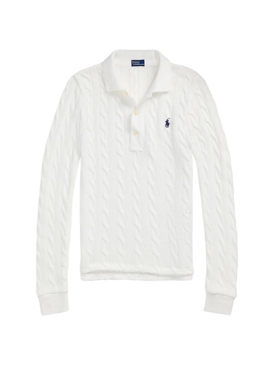 Womens Cable-Knit Long-Sleeve Polo Sweater Product Image