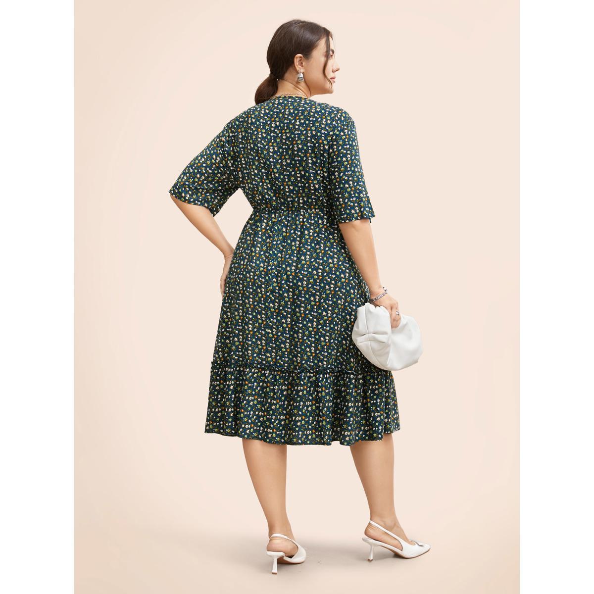 Plus Size Ditsy Floral Frill Trim Tie Knot Dress Aegean Women Elegant Frill Trim V-neck Half Sleeve Curvy BloomChic 28/5X Product Image