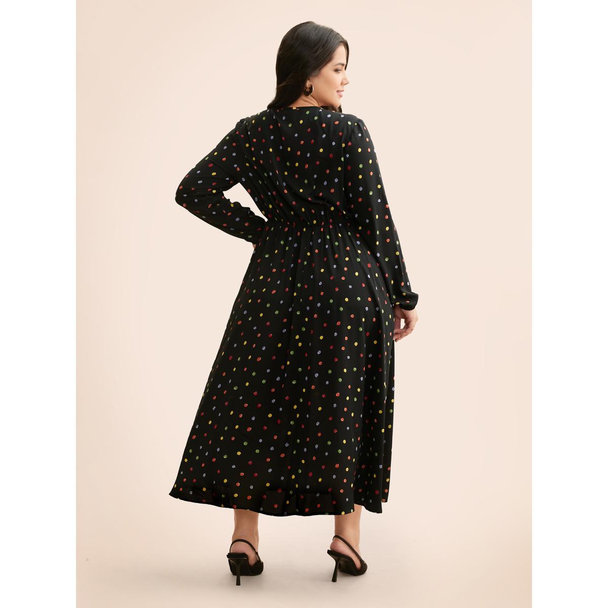 Plus Size Overlap Collar Color Polka Dot Dress Black Women Elegant Gathered Overlap Collar Long Sleeve Curvy BloomChic 18-20/2X Product Image