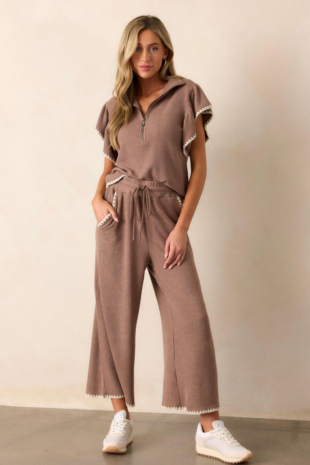 Anytime Now Mocha Blanket Stitch Wide Leg Pants Product Image