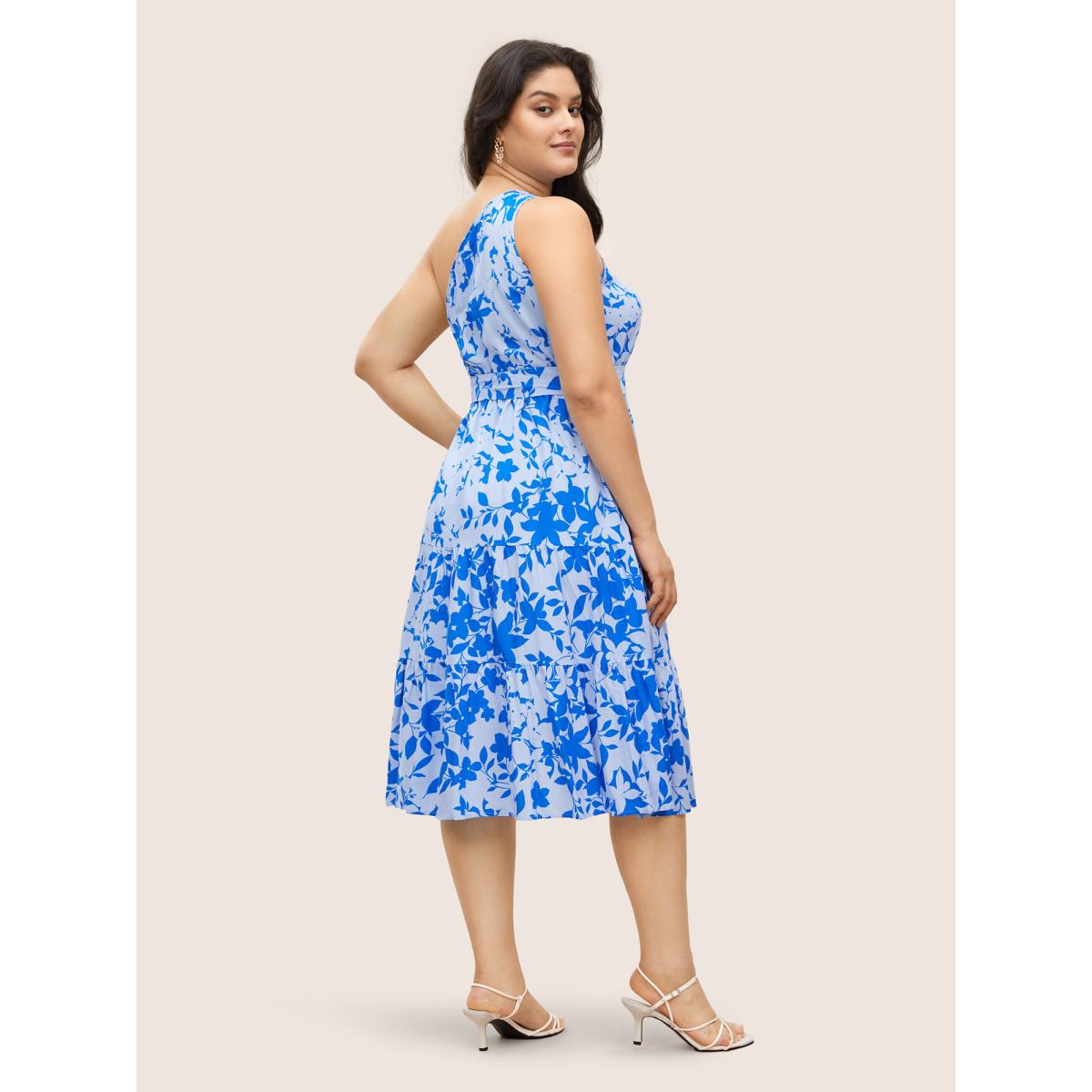 Plus Size Silhouette Floral Print One Shoulder Belted Dress Blue Women Elegant Belted Asymmetrical Neck Long Sleeve Curvy Midi Dress BloomChic 30/6X Product Image