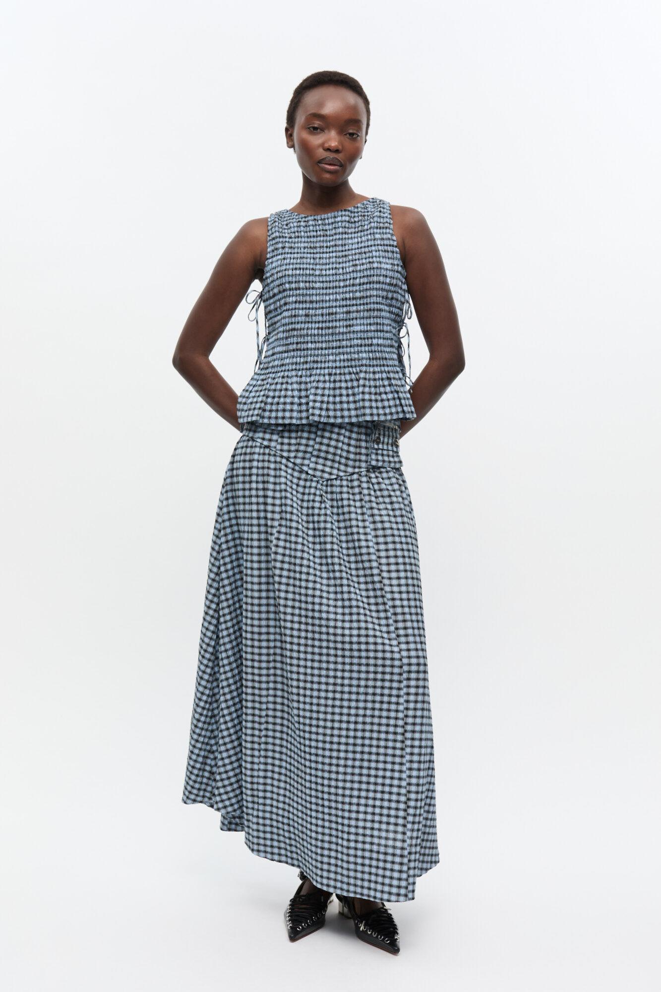 Blue Seersucker Check Smock Tie String Top Product Image