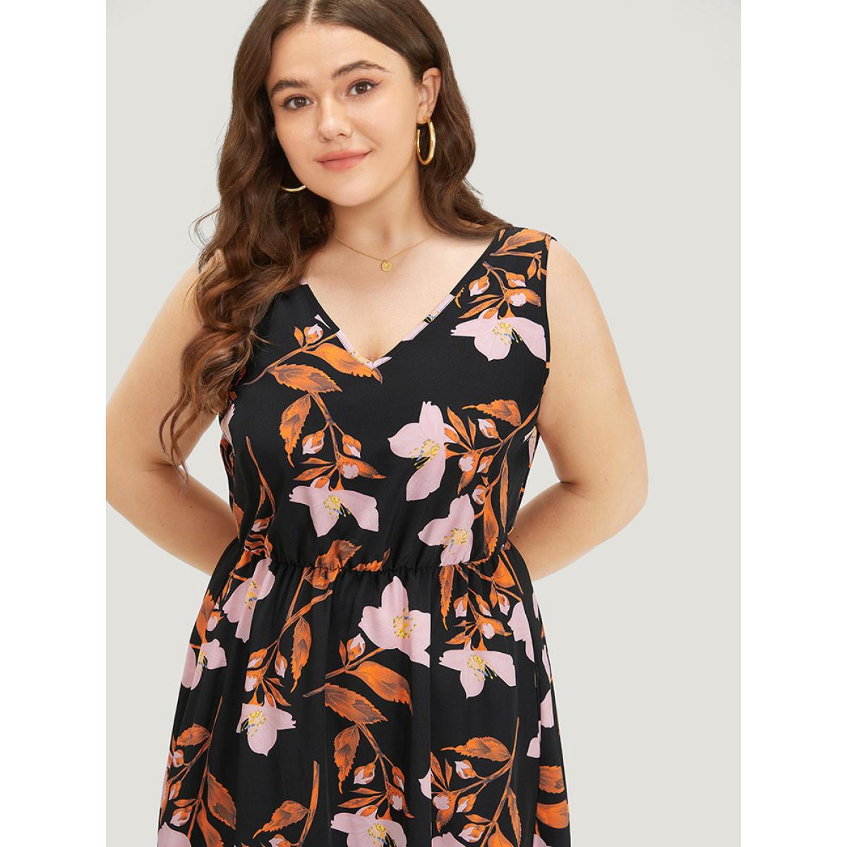 Plus Size Floral Print Pocket V Neck Elastic Waist Sleeveless Dress Black Women Elegant Elastic Waist V-neck Sleeveless Curvy Midi Dress BloomChic 12/L Product Image