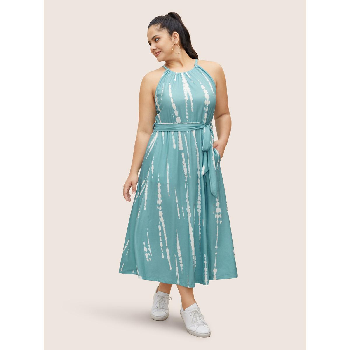 Plus Size Tie Dye Halter Neck Belted Gathered Dress LightBlue Women Casual Gathered Halter neck Sleeveless Curvy BloomChic 12/L Product Image