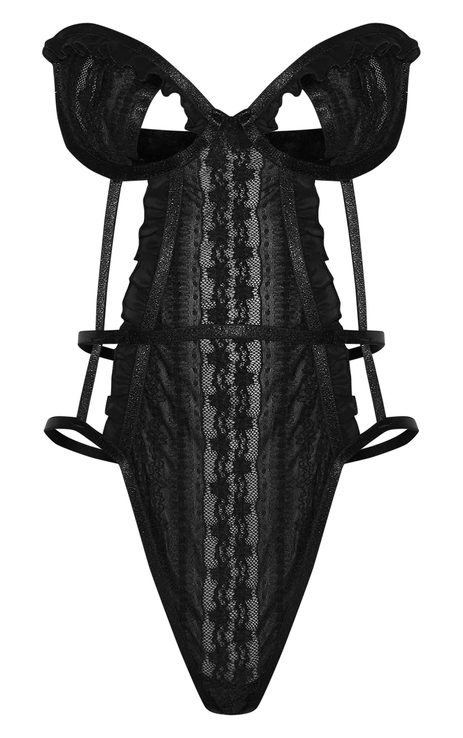 Black Textured Lace Cut Out Bandeau Bodysuit Product Image