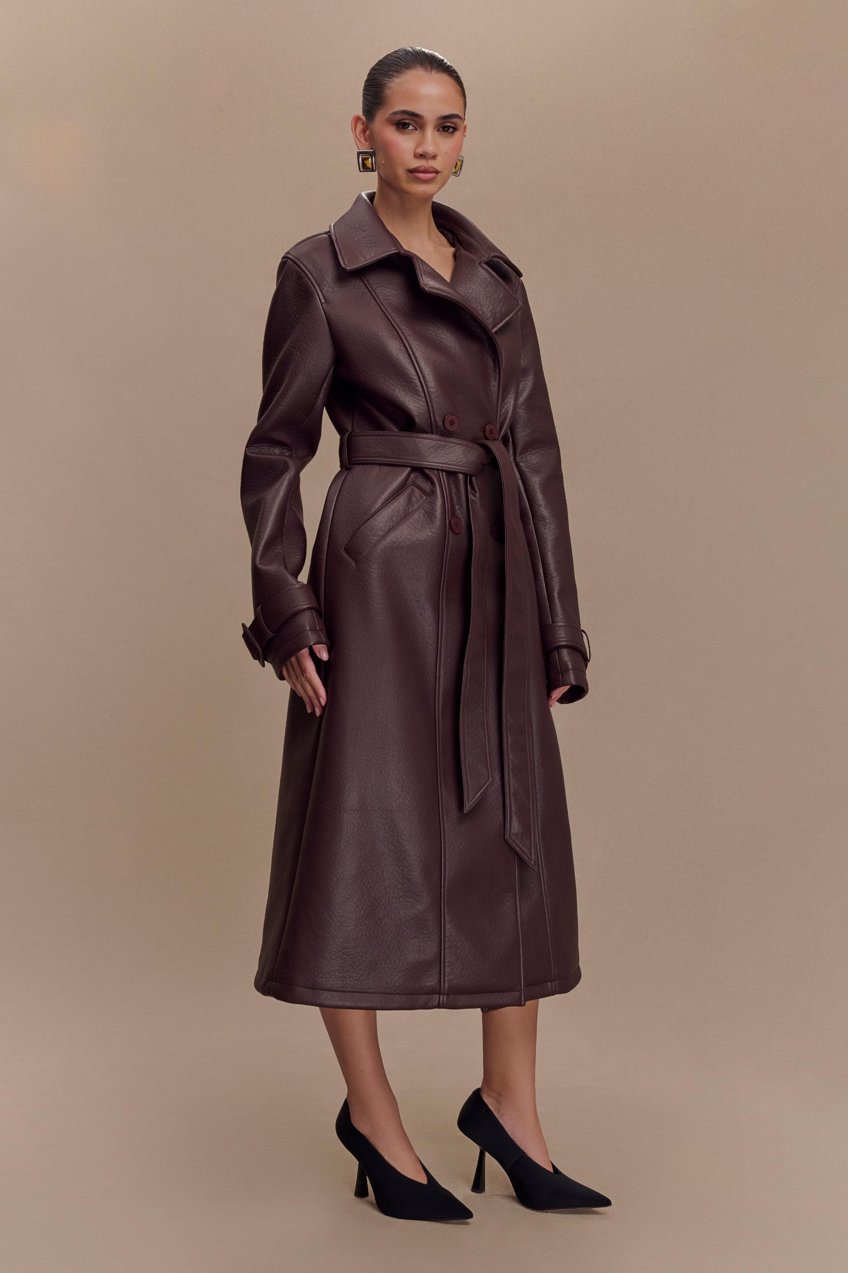 Tarah Faux Leather Trench Coat - Cacao Brown Product Image