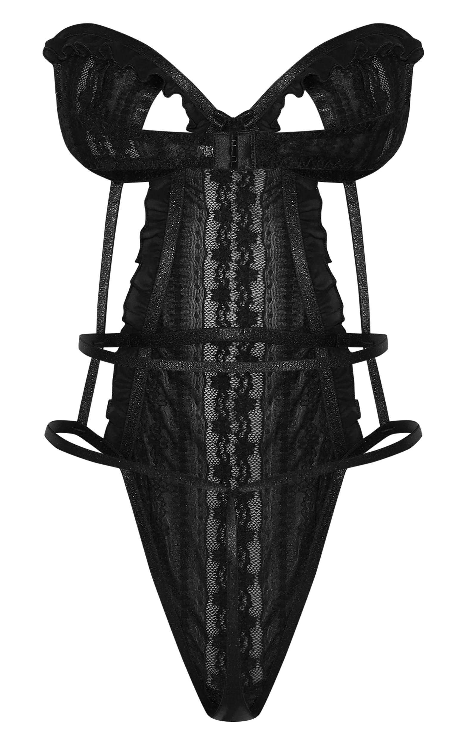 Black Textured Lace Cut Out Bandeau Bodysuit Product Image