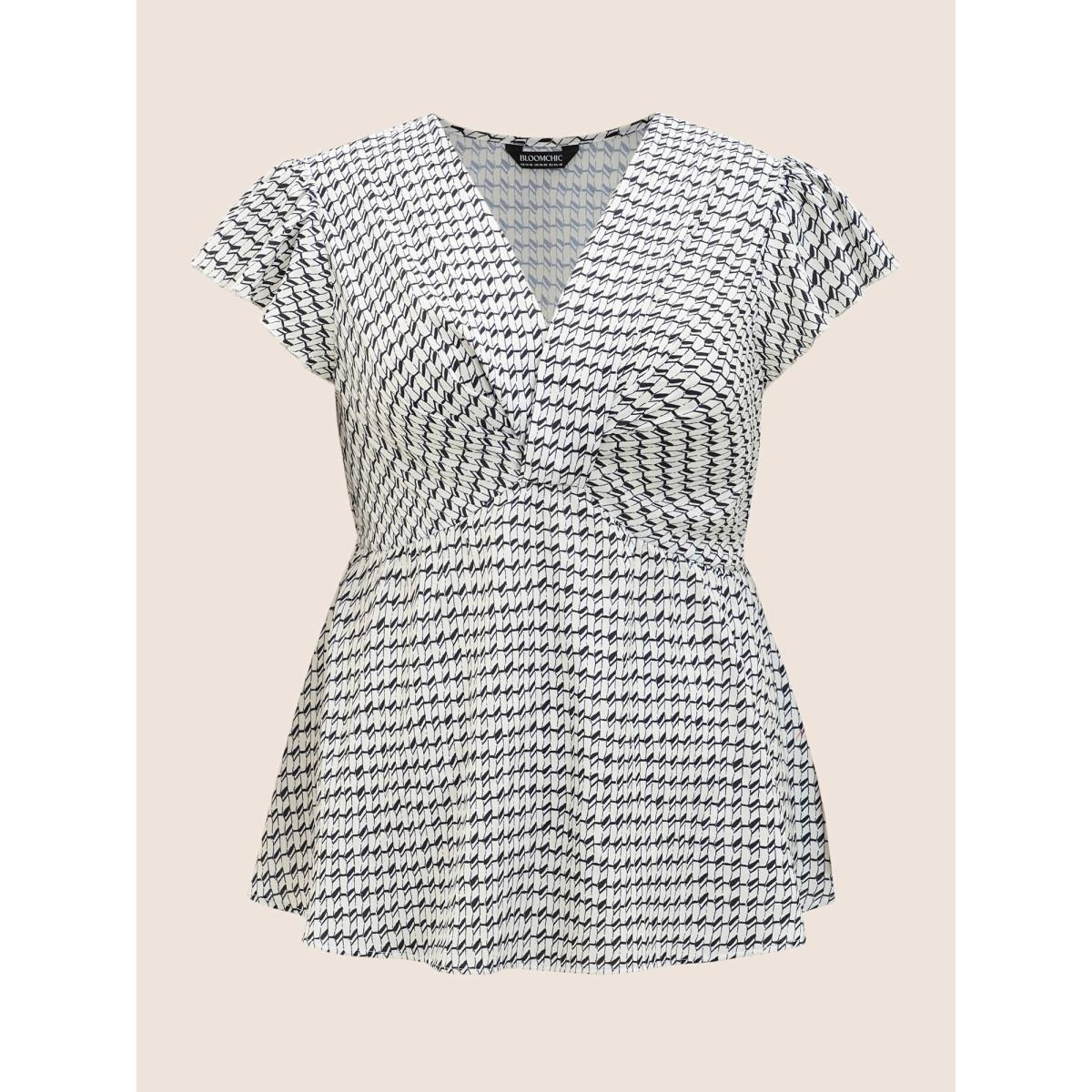 Plus Size Ivory Geometric Wrap Flutter Cap Sleeve Blouse Women At the Office Cap Sleeve V-neck Work Blouses BloomChic 22-24/3X Product Image