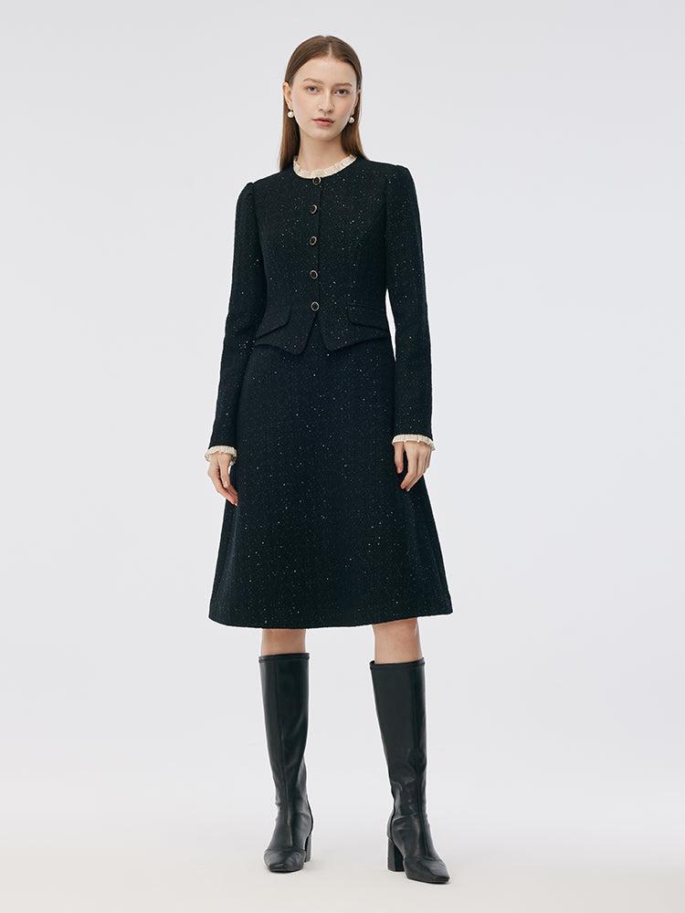 Wool Blend Sequins Tweed Ruffle Collar Women Midi Dress Product Image