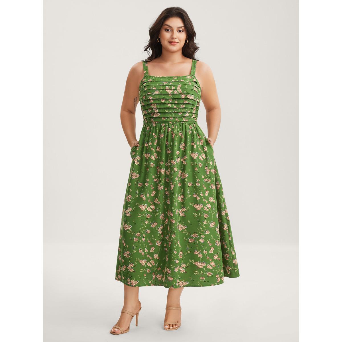 Plus Size Breezy Floral Pleated Pockets Midi Dress Emerald Women Non Sleeveless Curvy BloomChic 22-24/3X Product Image