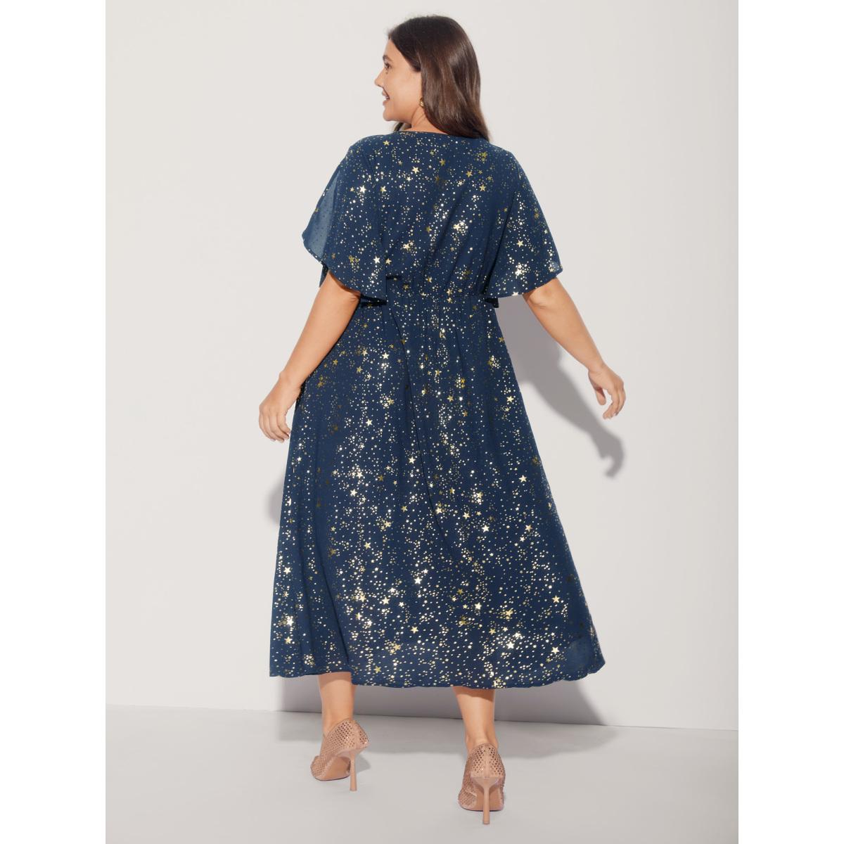 Plus Size Glitter Star Split Sleeve Midi Dress DarkBlue Women Timeless Gathered Round Neck Short sleeve Curvy BloomChic 18-20/2X Product Image