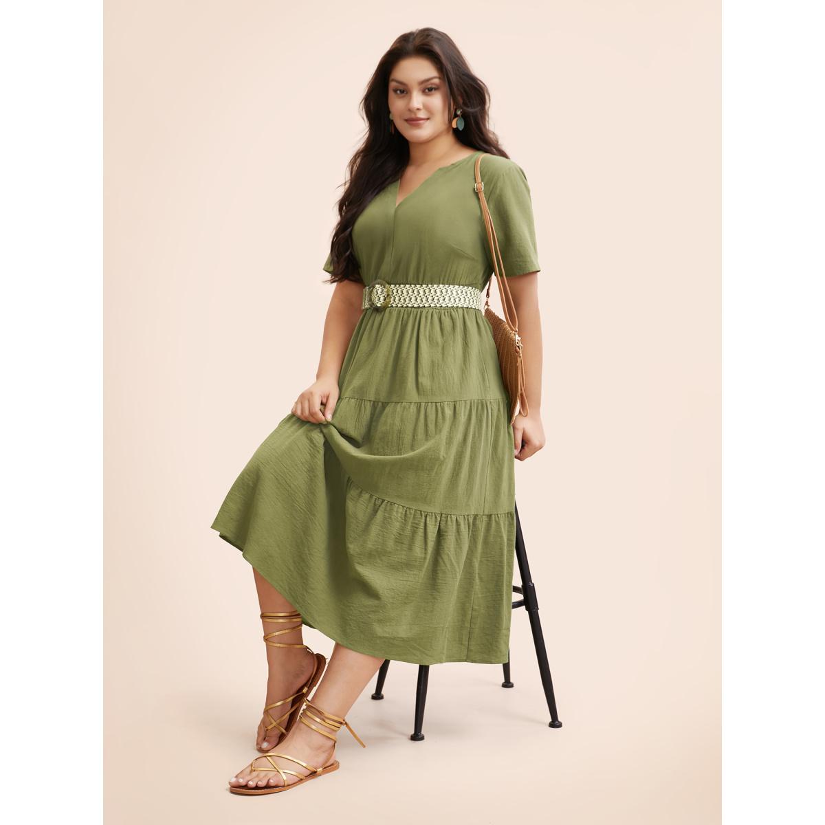 Plus Size Notched Shirred Ruffle Layered Hem Dress Olive Women Elegant Shirred Flat collar with V-notch Short sleeve Curvy BloomChic 28/5X Product Image
