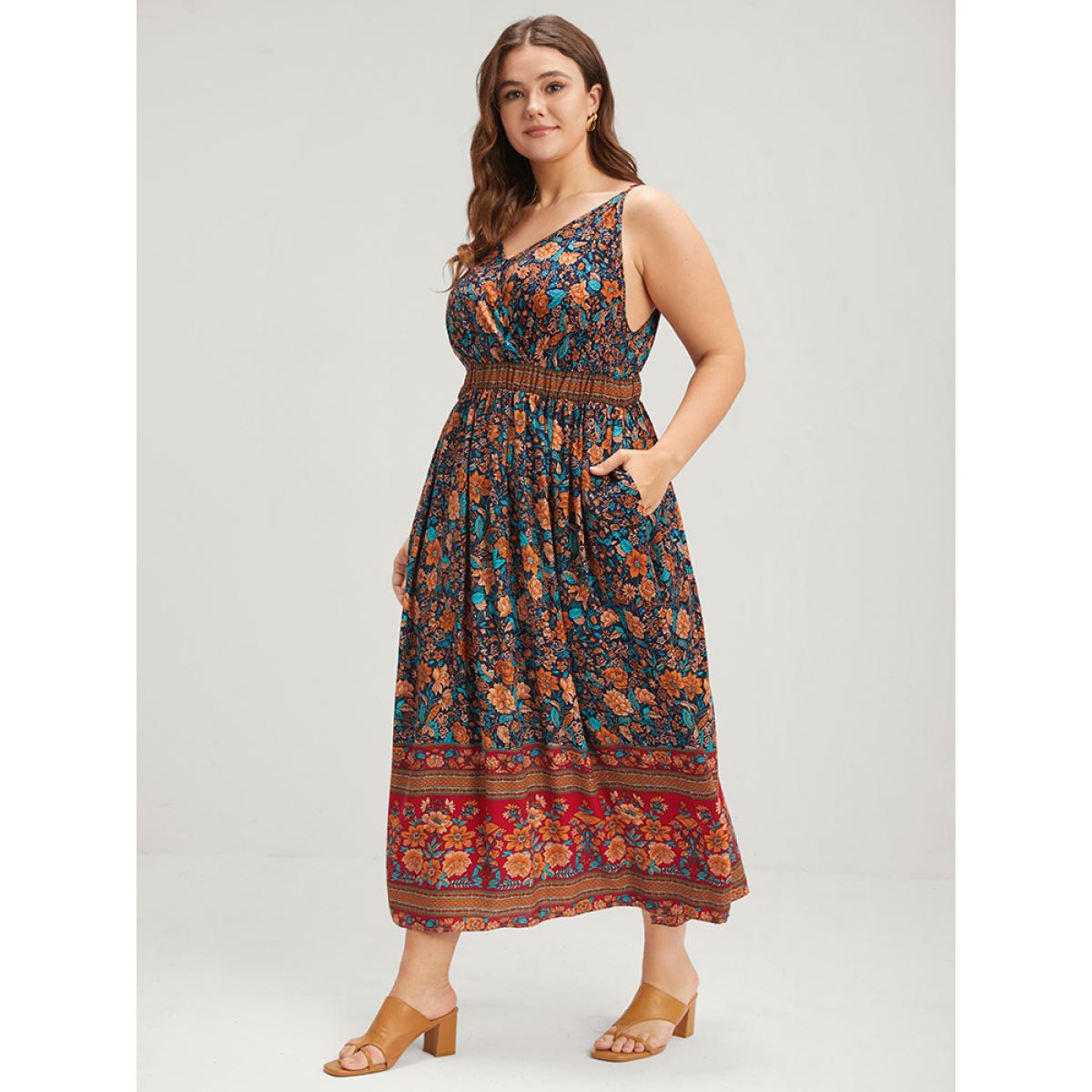 Plus Size Floral Gathered Button Pocket Cami Maxi Dress DarkBlue Women Casual Pocket V-neck Sleeveless Curvy Long Dress BloomChic 30/6X Product Image