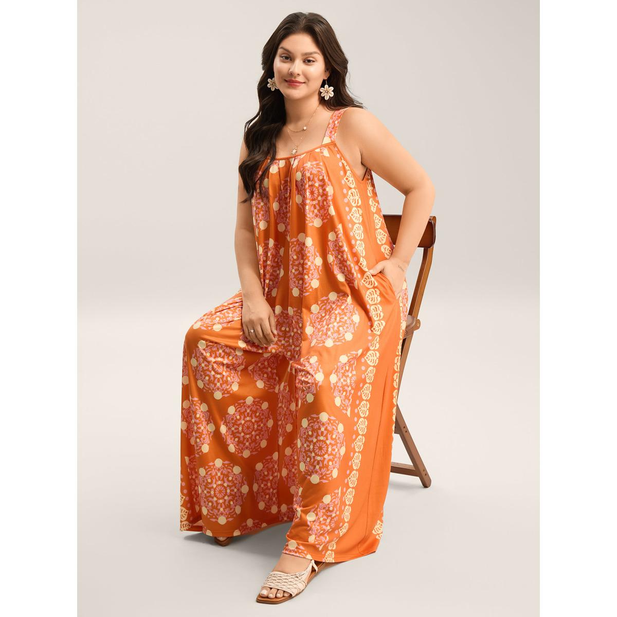 Plus Size OrangeRed Sunkissed Stretchy Adjustable Strap Jumpsuit Women Boho Sleeveless Non Vacation Loose Jumpsuits BloomChic 26/4X Product Image