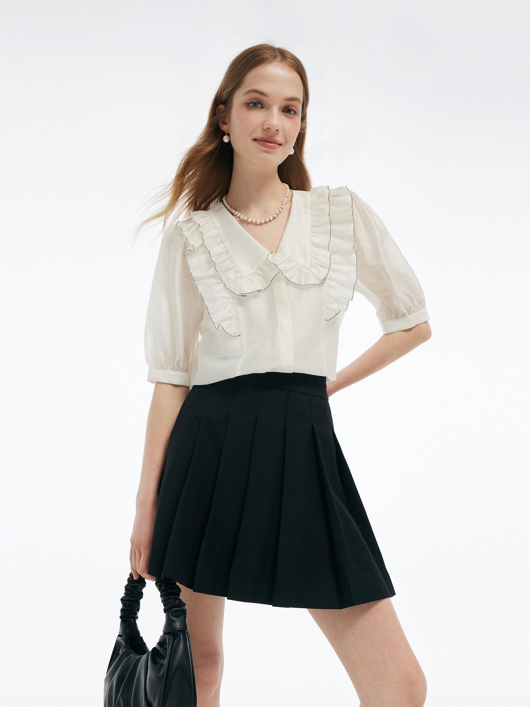 Tencel Blend Ruffle V-Neck Women Shirt With Layered Camisole Product Image