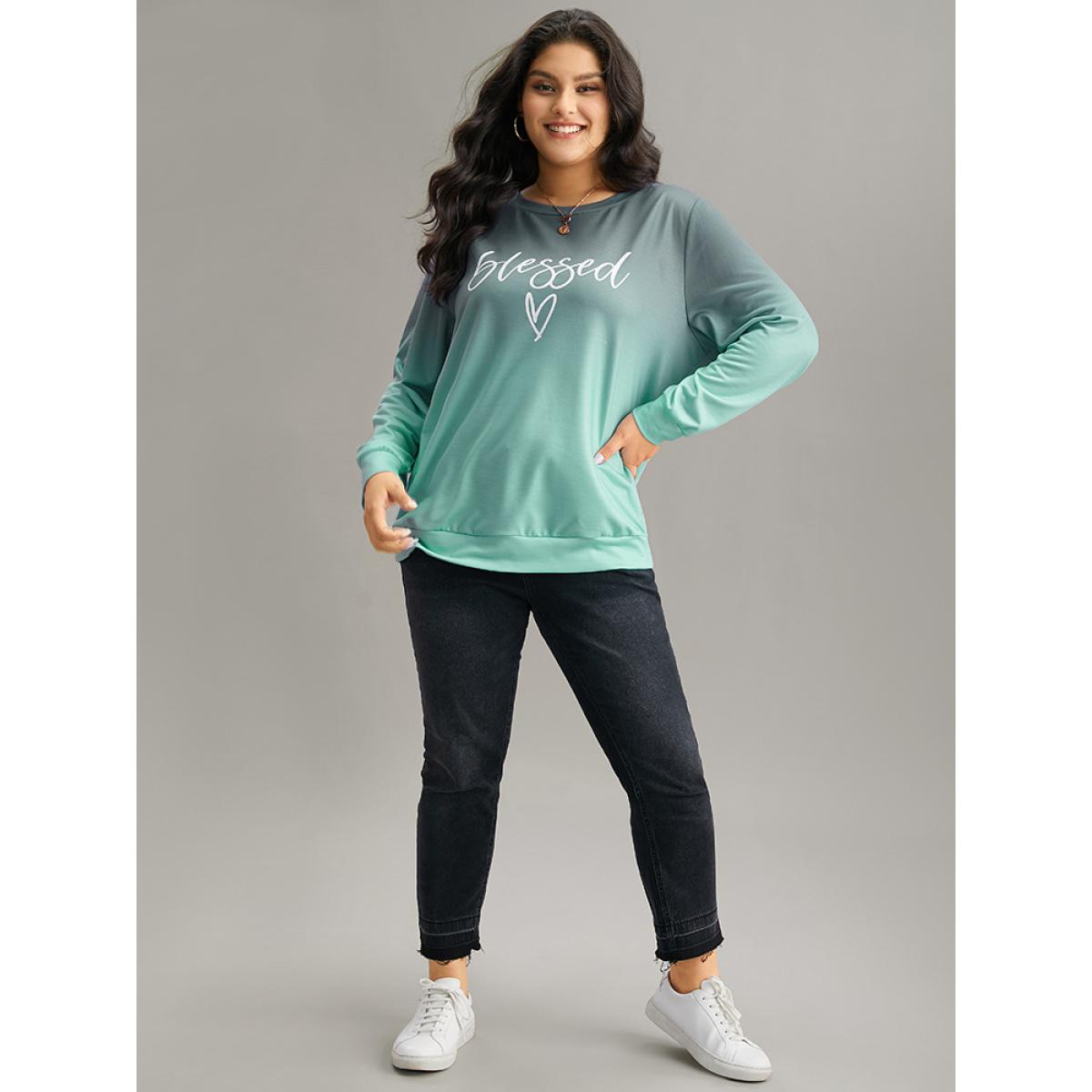Plus Size Letter Print Ombre Crew Neck Sweatshirt Women Cyan Casual Printed Dailywear Sweatshirts BloomChic 22-24/3X Product Image