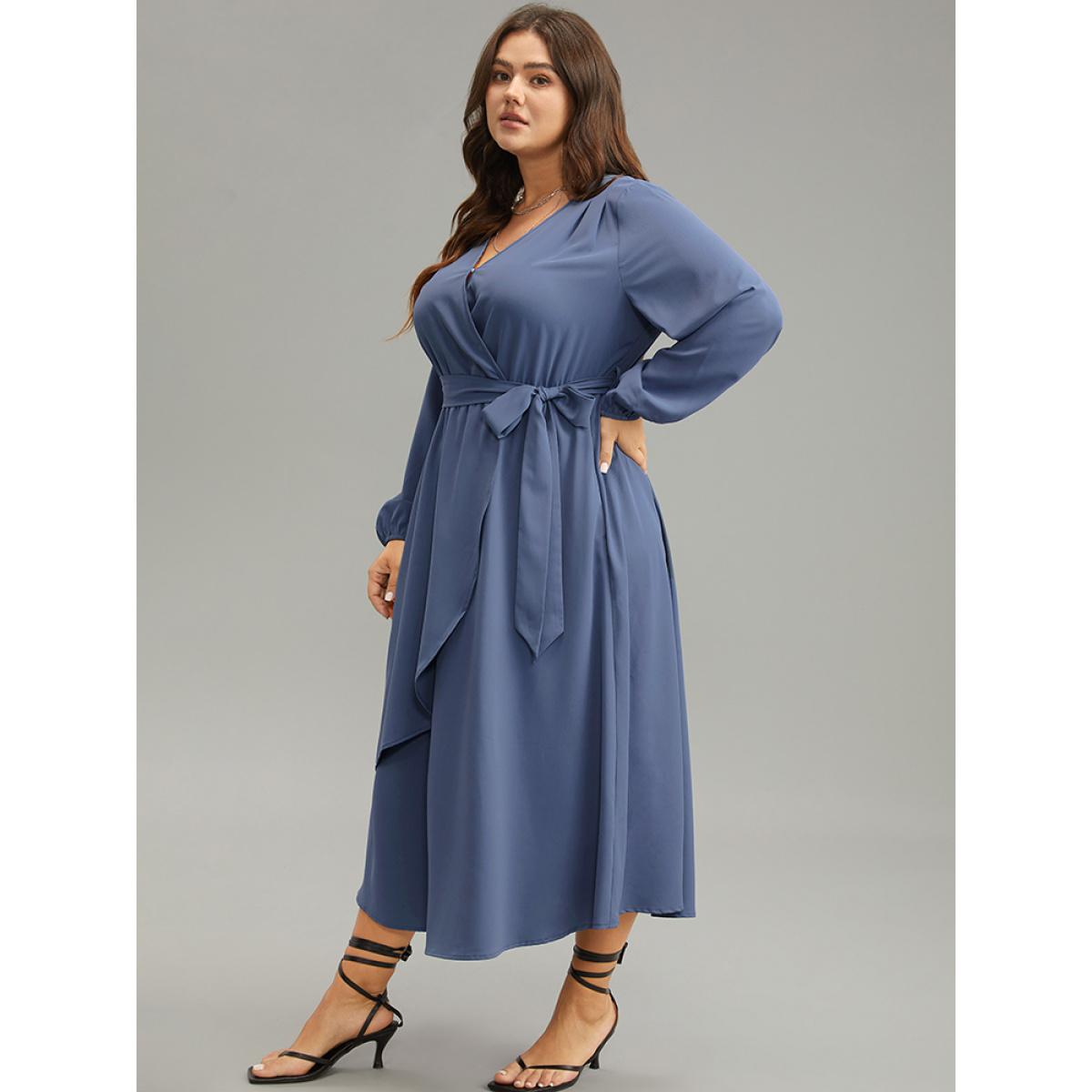 Plus Size Anti-Wrinkle Wrap Layered Belted Dress Stone Women Elegant Plain V-neck Long Sleeve Curvy Midi Dress BloomChic 10/M Product Image