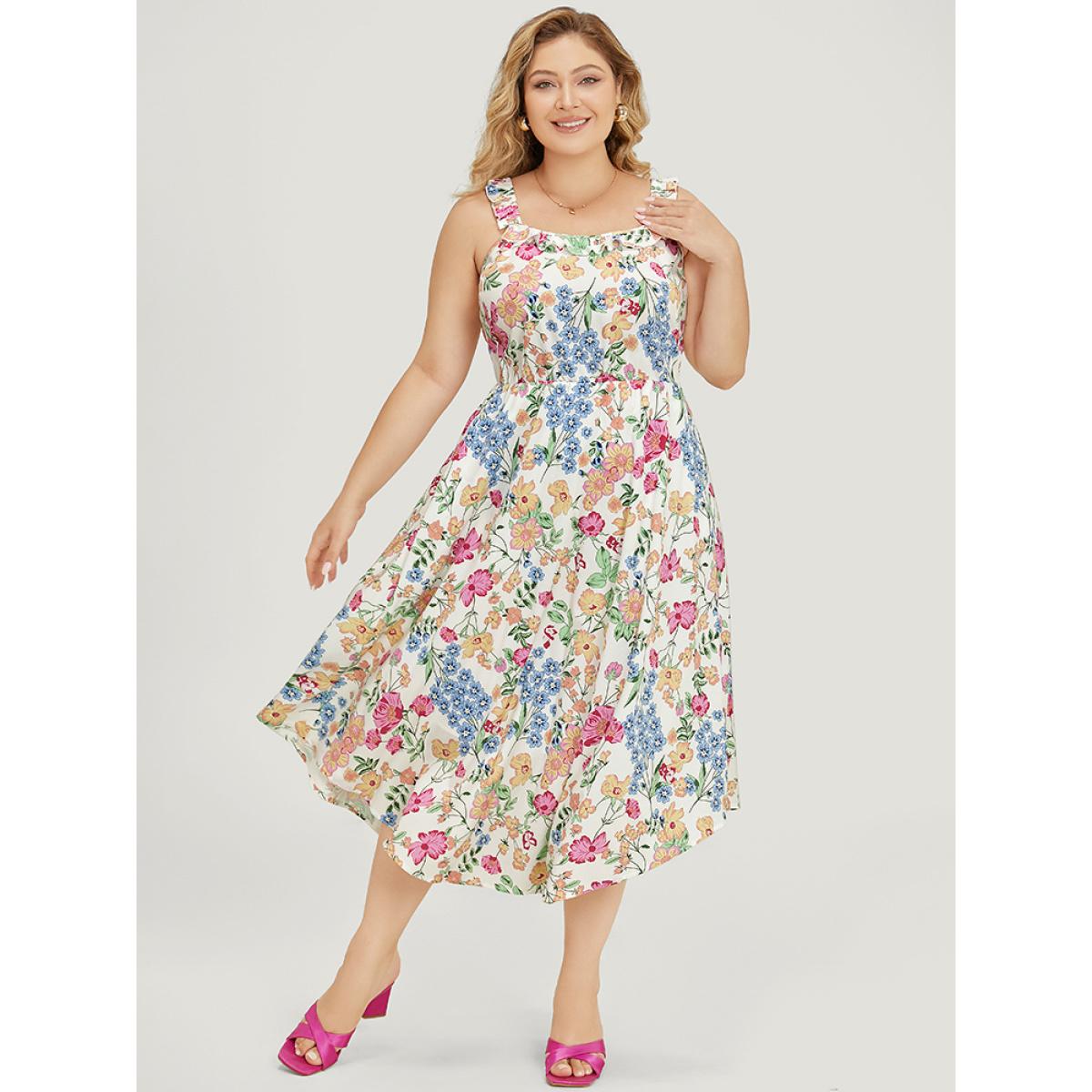 Plus Size Floral Arc Hem Pocket Square Neck Ruffle Trim Cami Dress Multicolor Women Elegant Arc Hem Square Neck Sleeveless Curvy Midi Dress BloomChic 18-20/2X Product Image